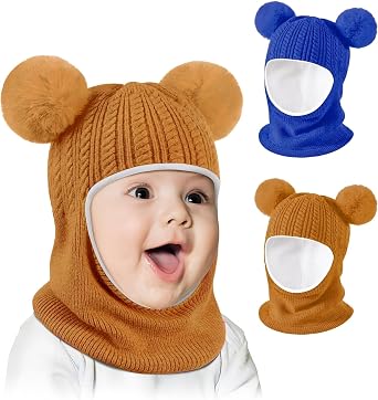 Baby Winter Hat Scarf Set 2 Pack, Toddler Beanie Hats Girl Boy with Neck Warmer, Beanie for Kids Knit Warm for Cold Weather