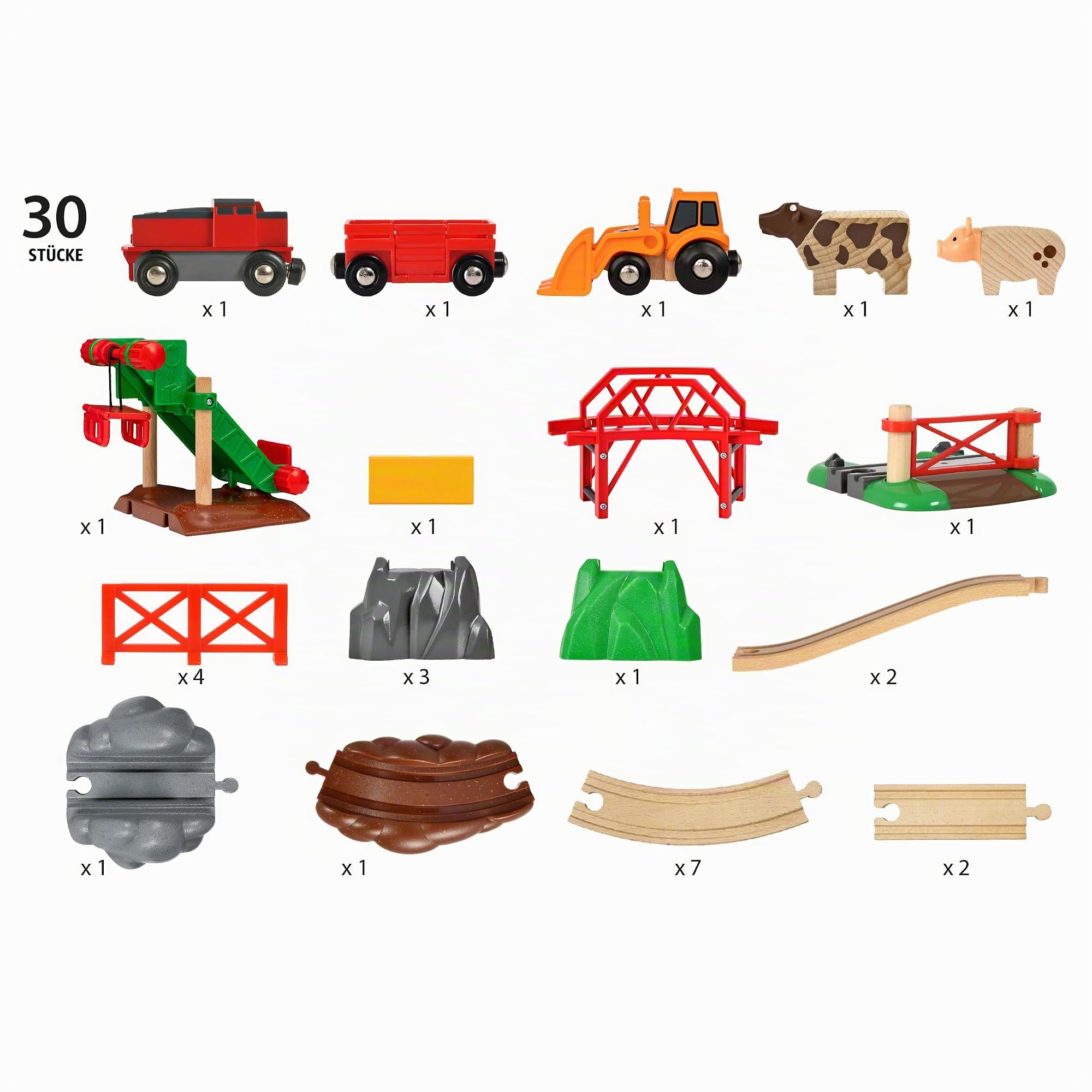 BRIO 33984 - Bauernhof Set - Holzeisenbahn mit Bauernhof, Tieren und Holzschienen - Kleinkinderspielzeug empfohlen ab 3 Jahren & Bahn 33402 - Mittleres Schienensortiment