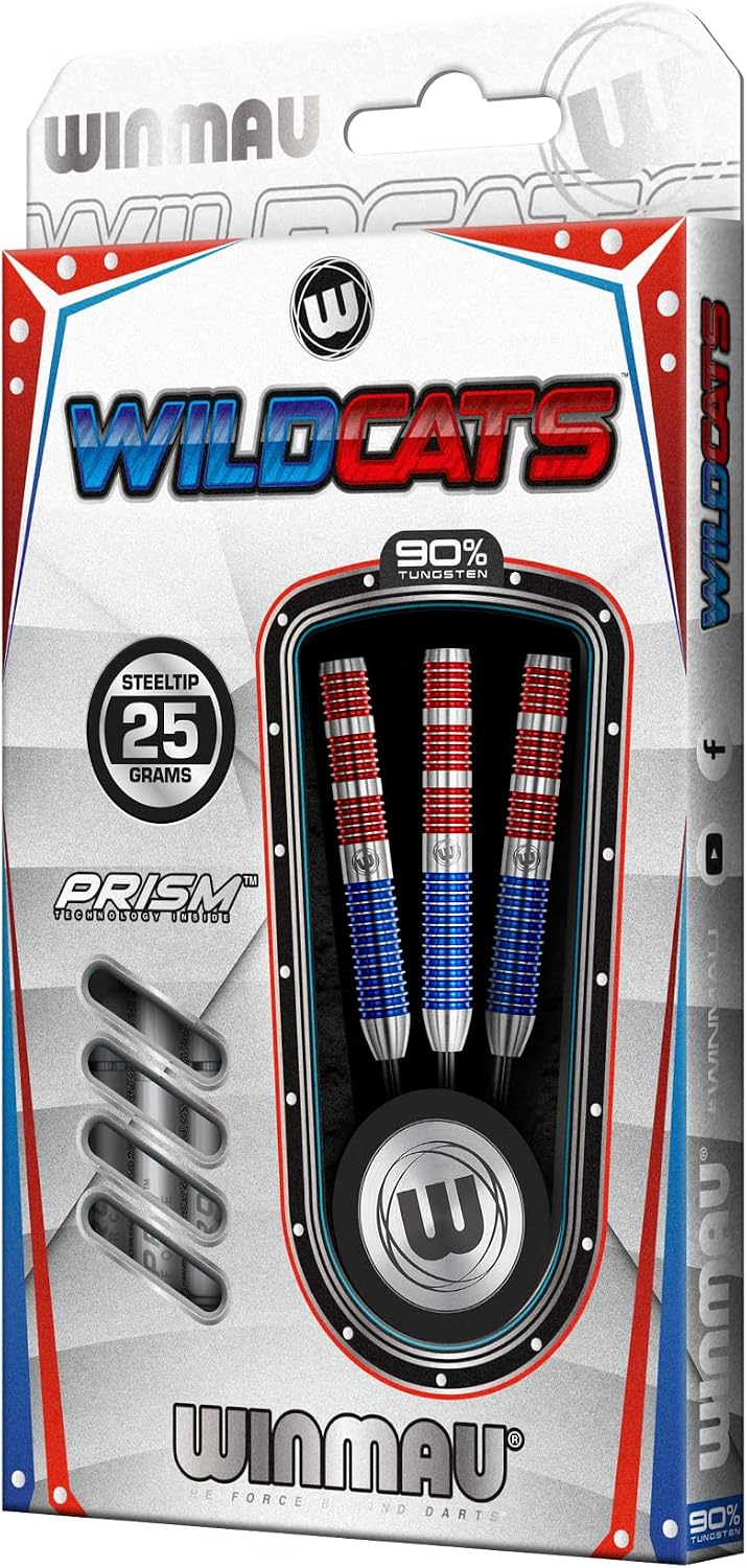 WINMAU Wildcats 90% Tungsten Darts Set with Flights and Stems (Shafts) - Prism Technology - Match Weighed