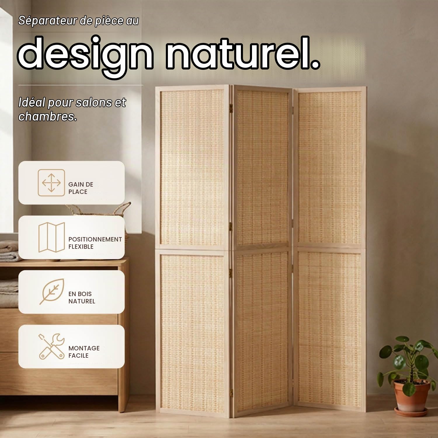 Homestyle4u Paravent 3 pièces en Bois de Bambou Naturel 120 x 170 cm Cloison de séparation Brise-Vue autoportant