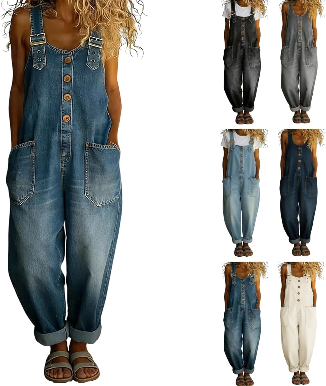 Women's Denim Bib Overall Pants Button Front Adjustable Shoulder Straps Wide Leg Jean Jumpsuits Vintage Loose Romper