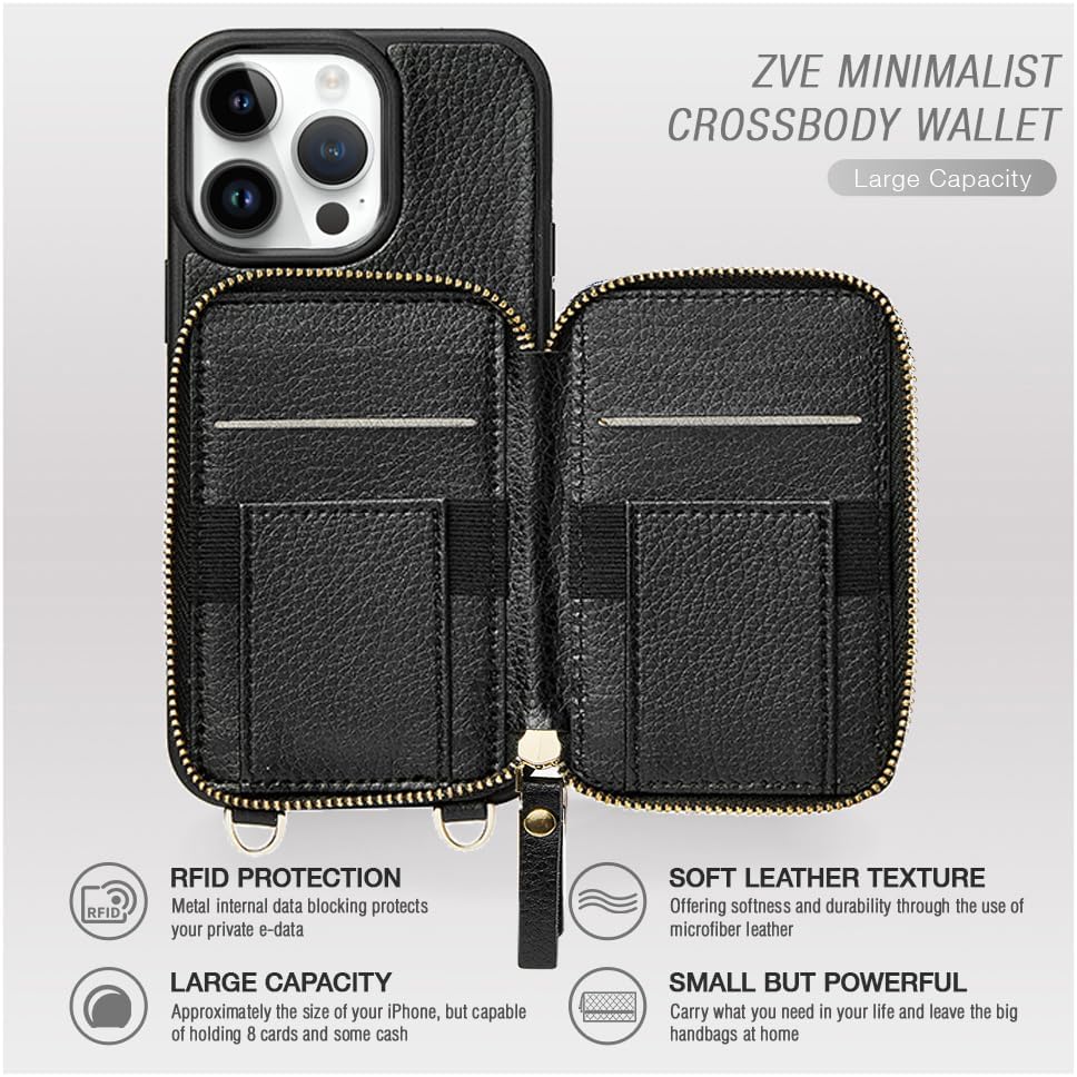 ZVE Funda tipo cartera para iPhone 15 Pro de cuero con pequeña