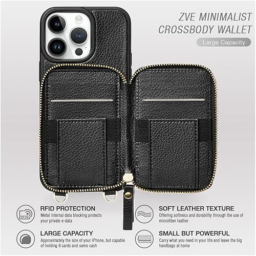 Miniatura 3 de ZVE Magsafe - Funda tipo cartera para iPhone 15 Pro, funda magnética cruzada para teléfono con correa para la muñeca para mujer, funda de piel con