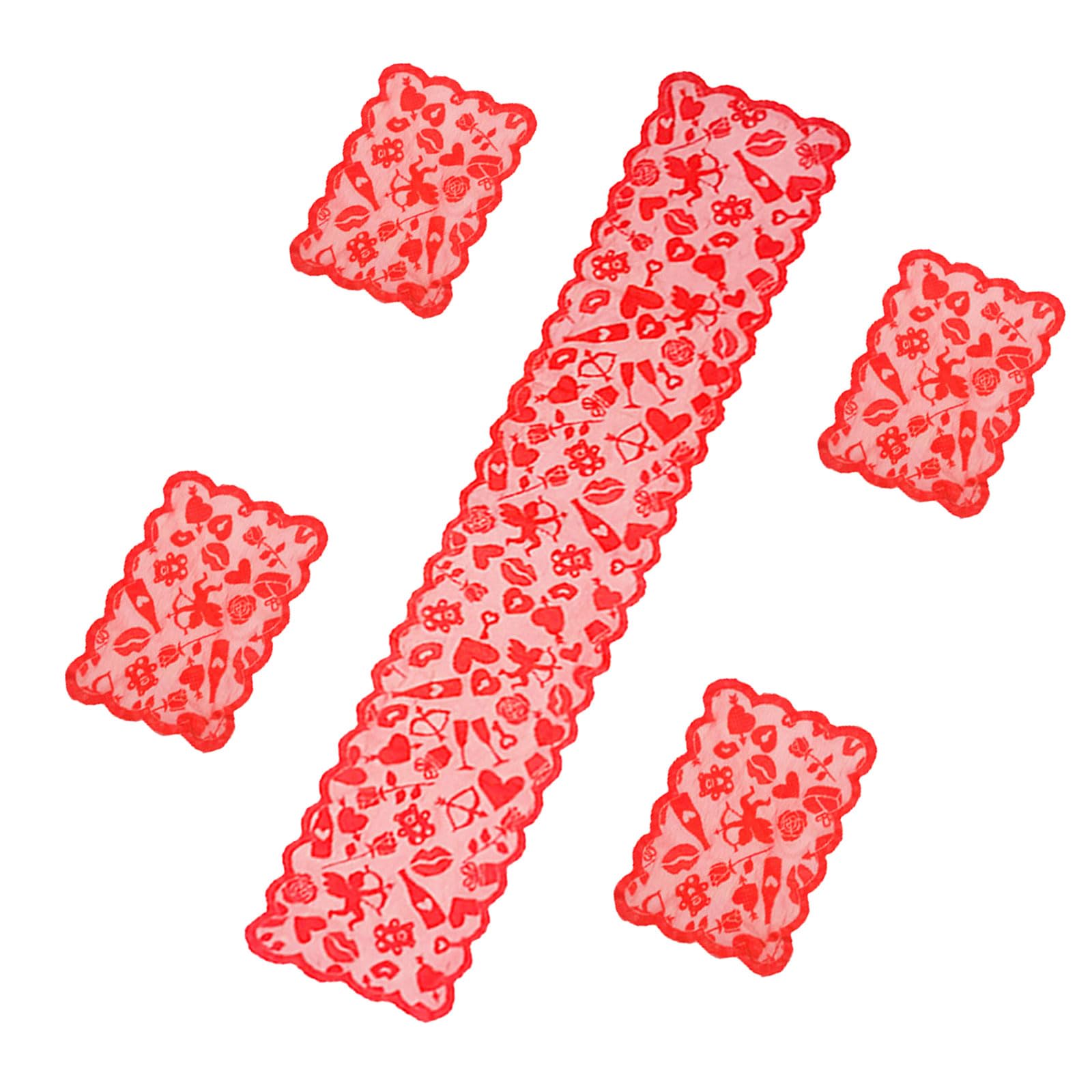 5 Piece Lace Table Runner and Placemats Set with Red Heart Design for Romantics Decors Valentines Wedding Celebration Anniversary Table Runner