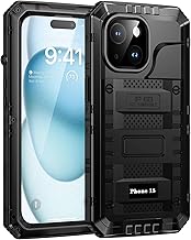 Lanhiem Cover for iPhone 15 IP68 Waterproof, Metal Shockproof Military Cover with Protective Film, 360° Complete Underwater Protection Dustproof Case for iPhone 15, Black