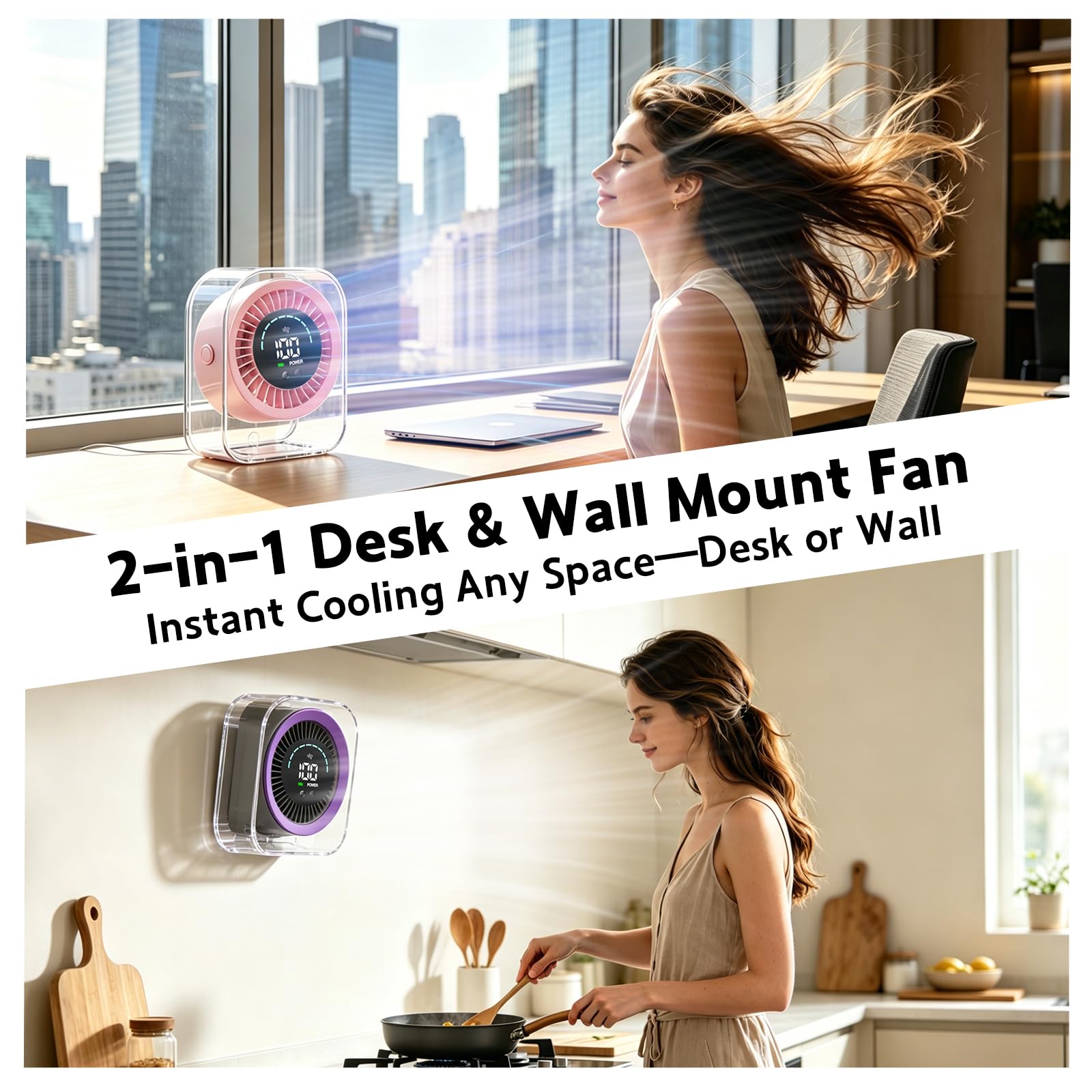 Ventilatore da tavolo ricaricabile tramite USB, ventilatore da tavolo silenzioso con 100 velocità, ventola di raffreddamento turbo, display digitale HD, montaggio a parete e scrivania, regolabile a