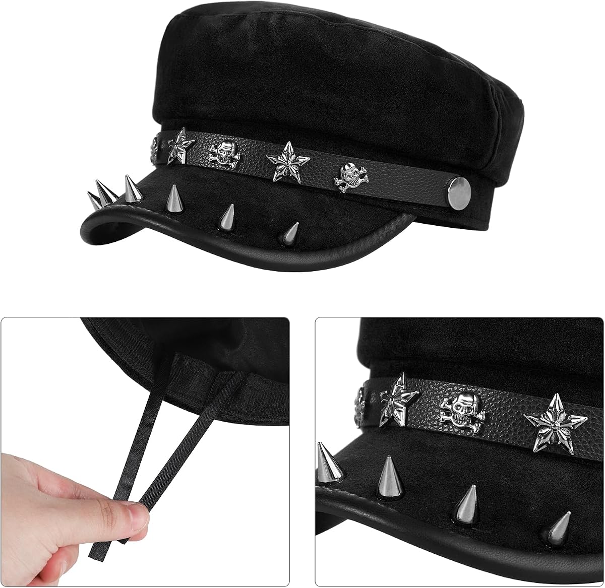 Leather Punk Newsboy Hat Y2K Studded Hat Cadet Vintage Peaked Captain Cap Sailor Hats Cabbie Rivet Beret Rocker Caps - Image 4