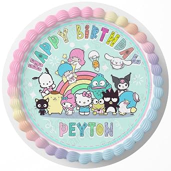 7.5 Inch Edible Cake Topper Hello Kittie Friends Kuromi Melody Themed Birthday Party Collection of Edible Cake Decorations round