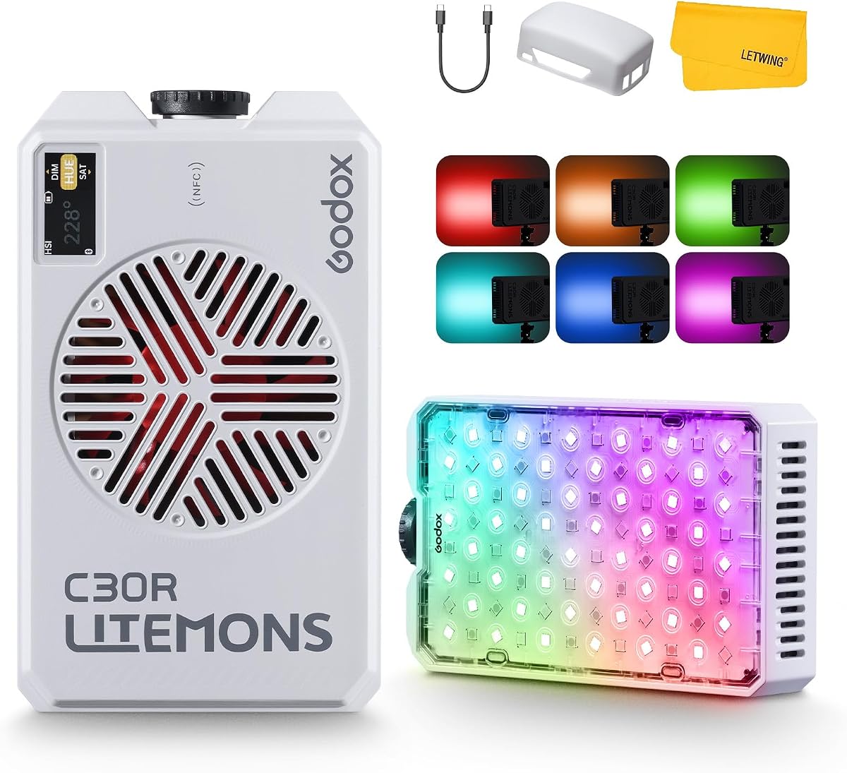 Panel de luz de cámara RGB C30R 30W, panel de luz de video de cámara LED portátil con difusión, 1800K ~ 10000K, iluminación DSLR LED ultrabrillante, recargable rápidamente a todo color para fotografía y video YouTube | 1800K ~ 10000K, Panel de luz de vídeo de cámara Led portátil con difusión, iluminación LED DSLR a todo color para fotografía y vídeo YouTube