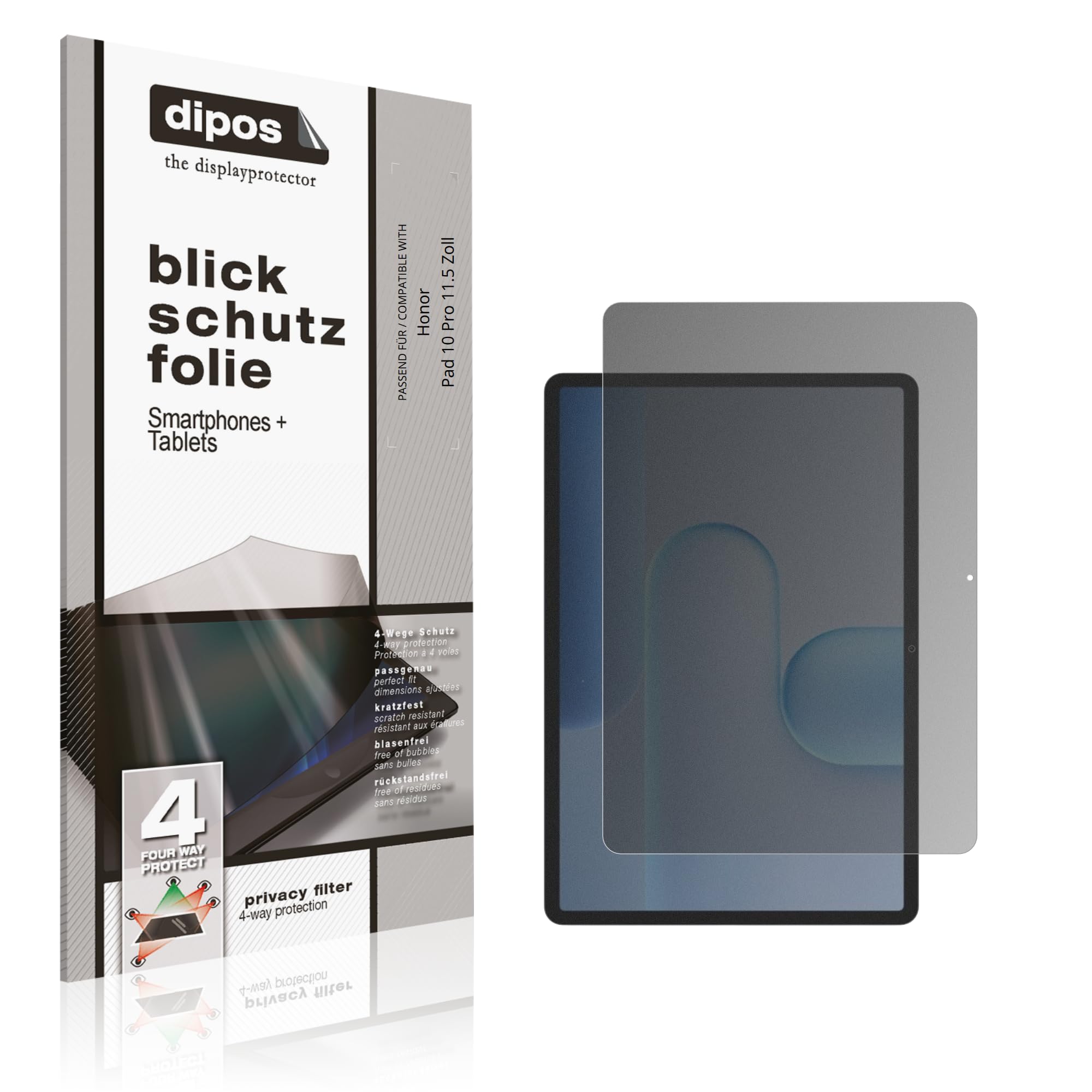 dipos Protector de Pantalla Antiespía para Honor Pad 10 Pro 11.5 Zoll | Película protectora mate, filtro de privacidad 4 vías, ajuste perfecto, antiarañazos, sin burbujas, autoadhesivo