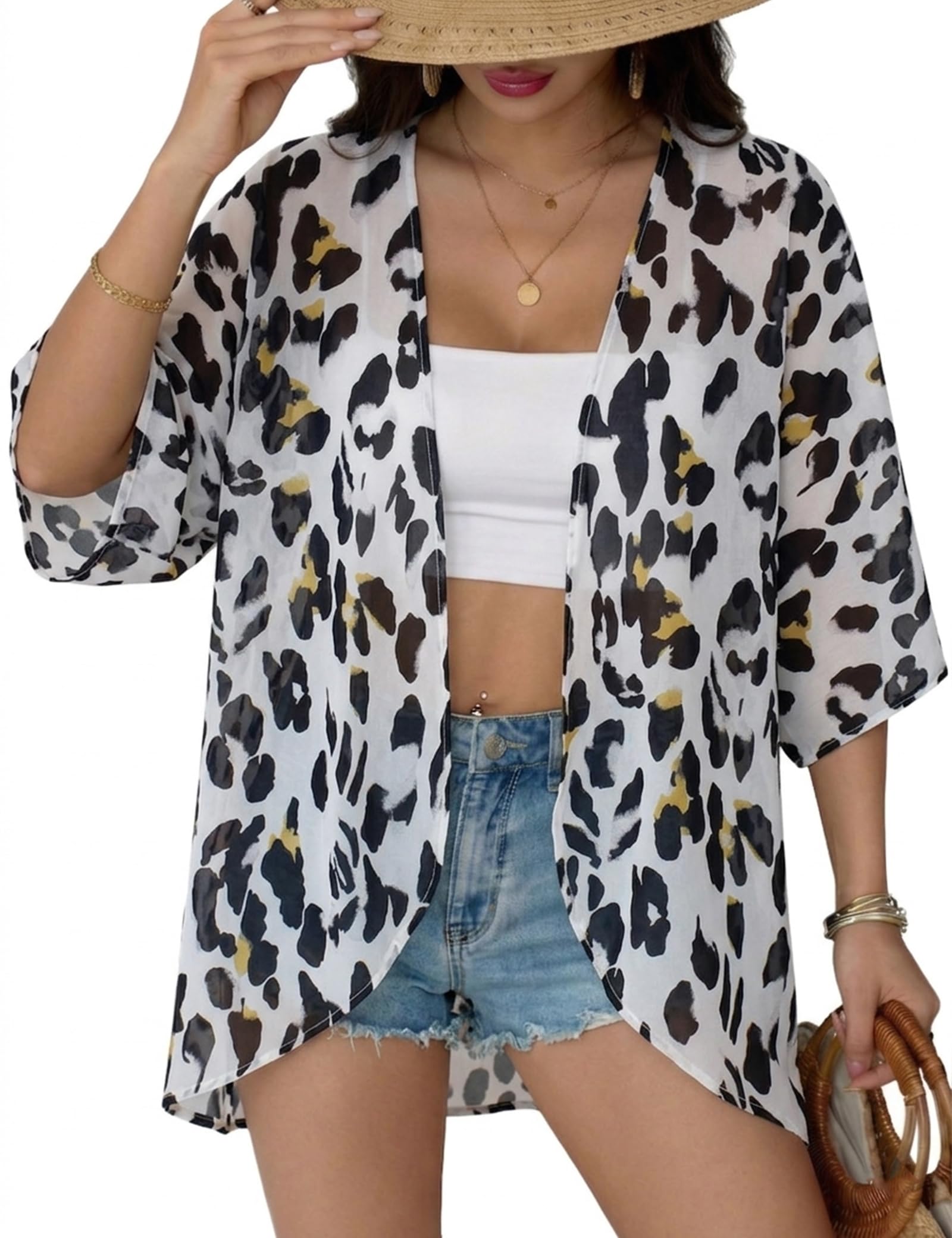Chunoy Damski lekki kwiatowy nadruk szyfonowy luźny kardigan kimono peleryny odzież plażowa okrycie bluzka top, Lampart śnieżny, XL