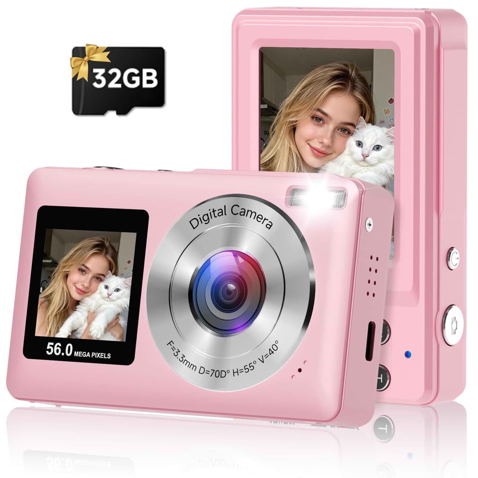 Digital Camera, 2026 Upgraded 56MP Pink Digital Camera, Dual Screens Cameras for Selfies with 16X Zoom, Compact Cameras with Smile Capture Anti Shake with 32GB SD Card for Kids Teens Adults