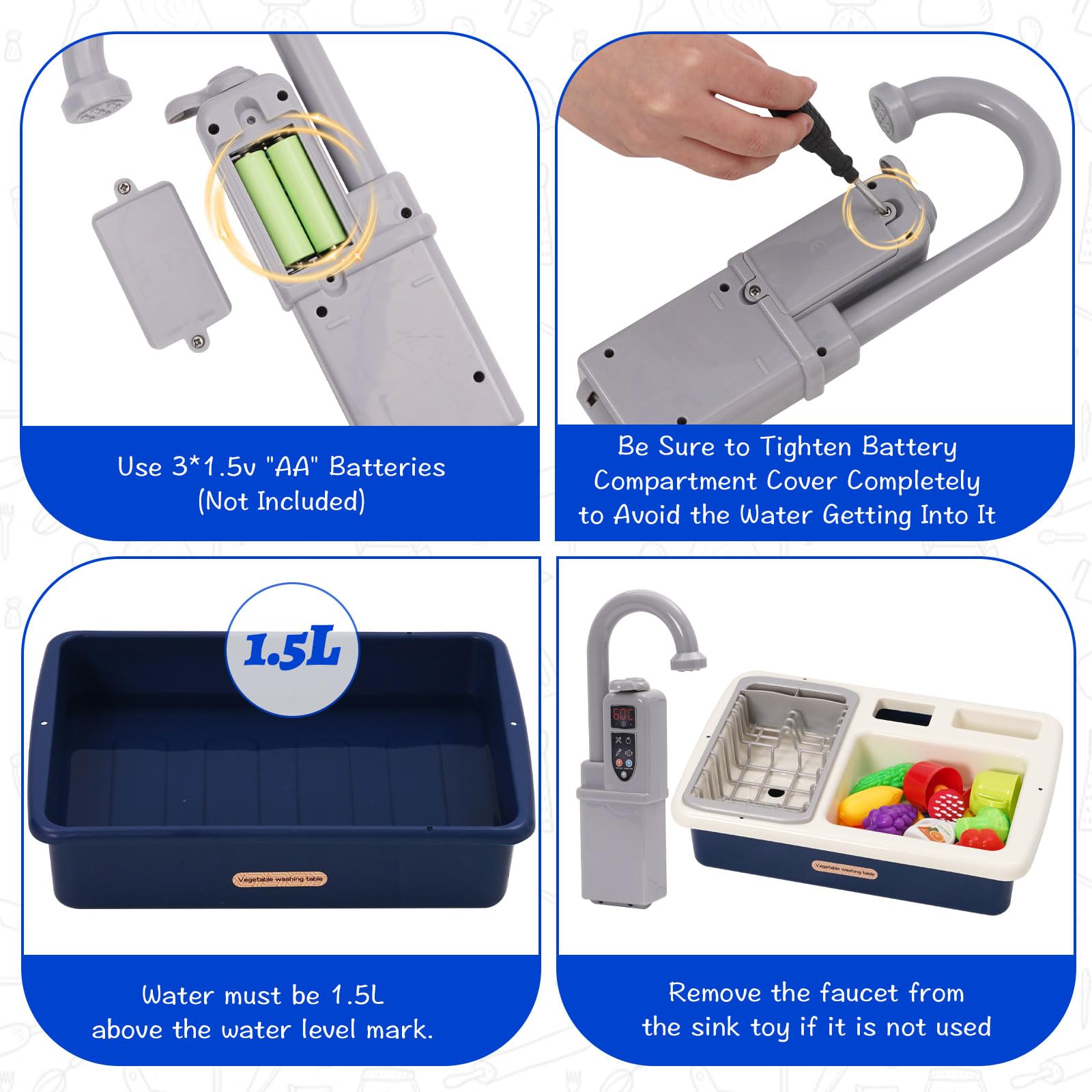 Küchenspüle Spielzeug Set mit Wasserkreislauf, Waschbecken Kinder mit Fließendem Wasser, Spielküche Kinderküche Zubehör, Obst und Gemüse Spielzeug, Rollenspiel für Jungen und Mädchen ab 3 Jahre(Blau)