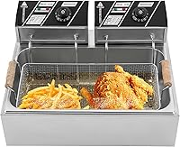 Vista 2 de Freidora comercial, freidora eléctrica de pavo de 3400 W con 3 cestas y tapas, freidora de aceite individual de acero inoxidable de 12L