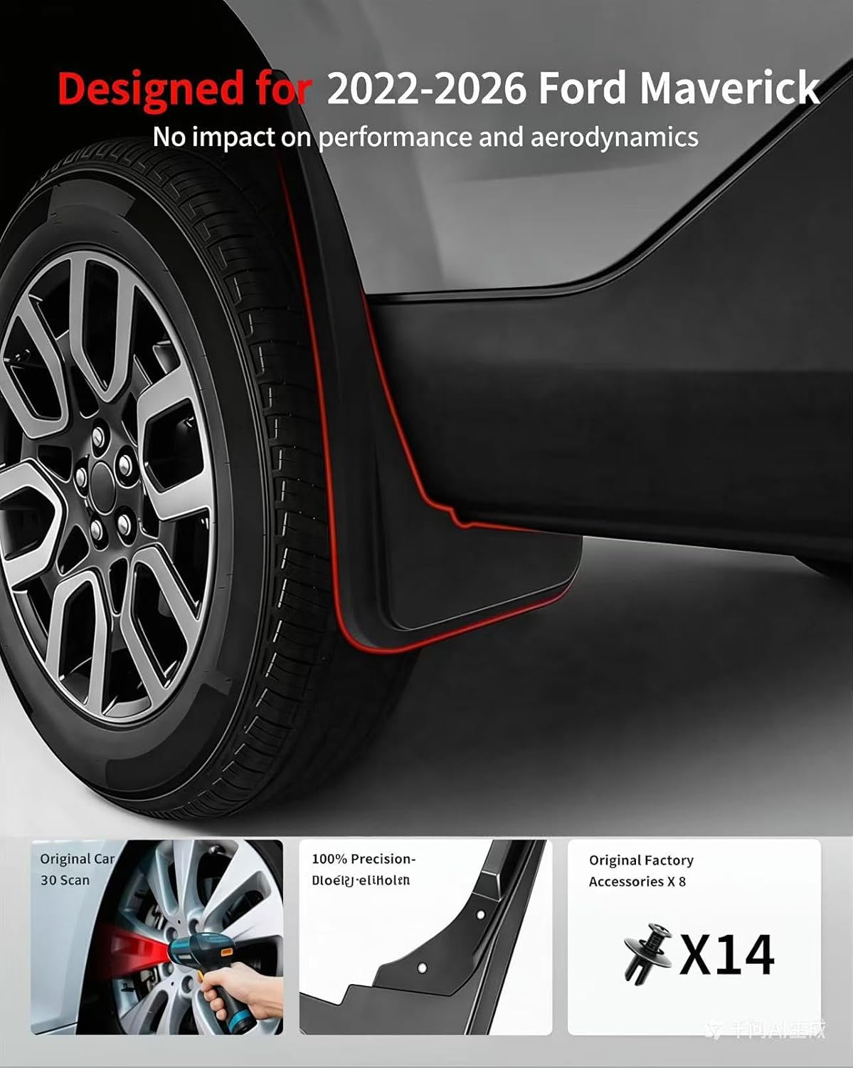 No Drill Mud Flaps for 2022-2026 Ford Maverick Truck, Front & Rear Heavy Duty All Weather Splash Guards, Custom Fit XL/XLT/Lariat/Hybrid/Tremor, OEM-Style Black Mud Guards, Not Fit Lobo Trims