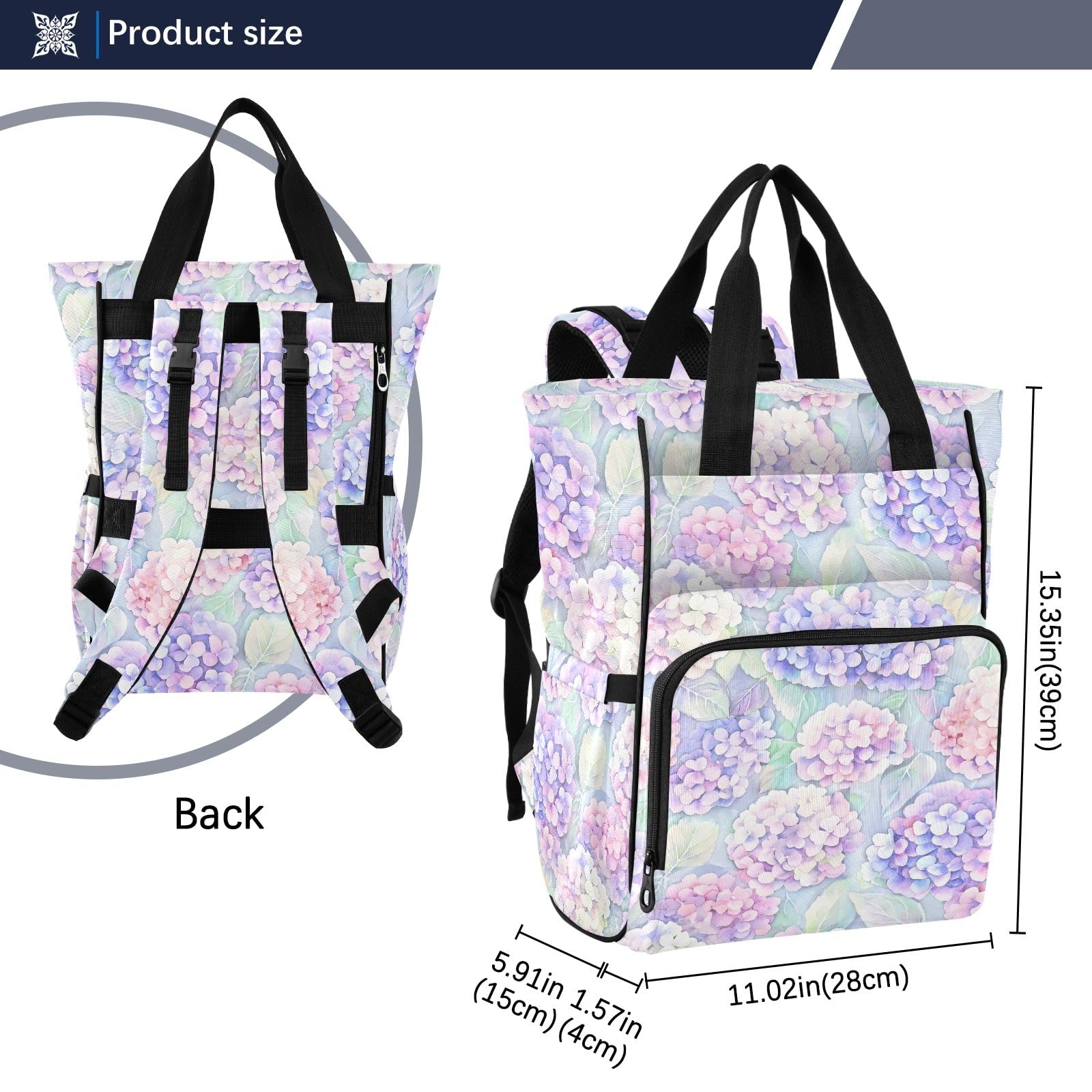 Mnsruu Borsa per pannolini per bambini con motivo a foglie di ortensia zaino grande borsa impermeabile da viaggio borse per pannolini per mamme e papà