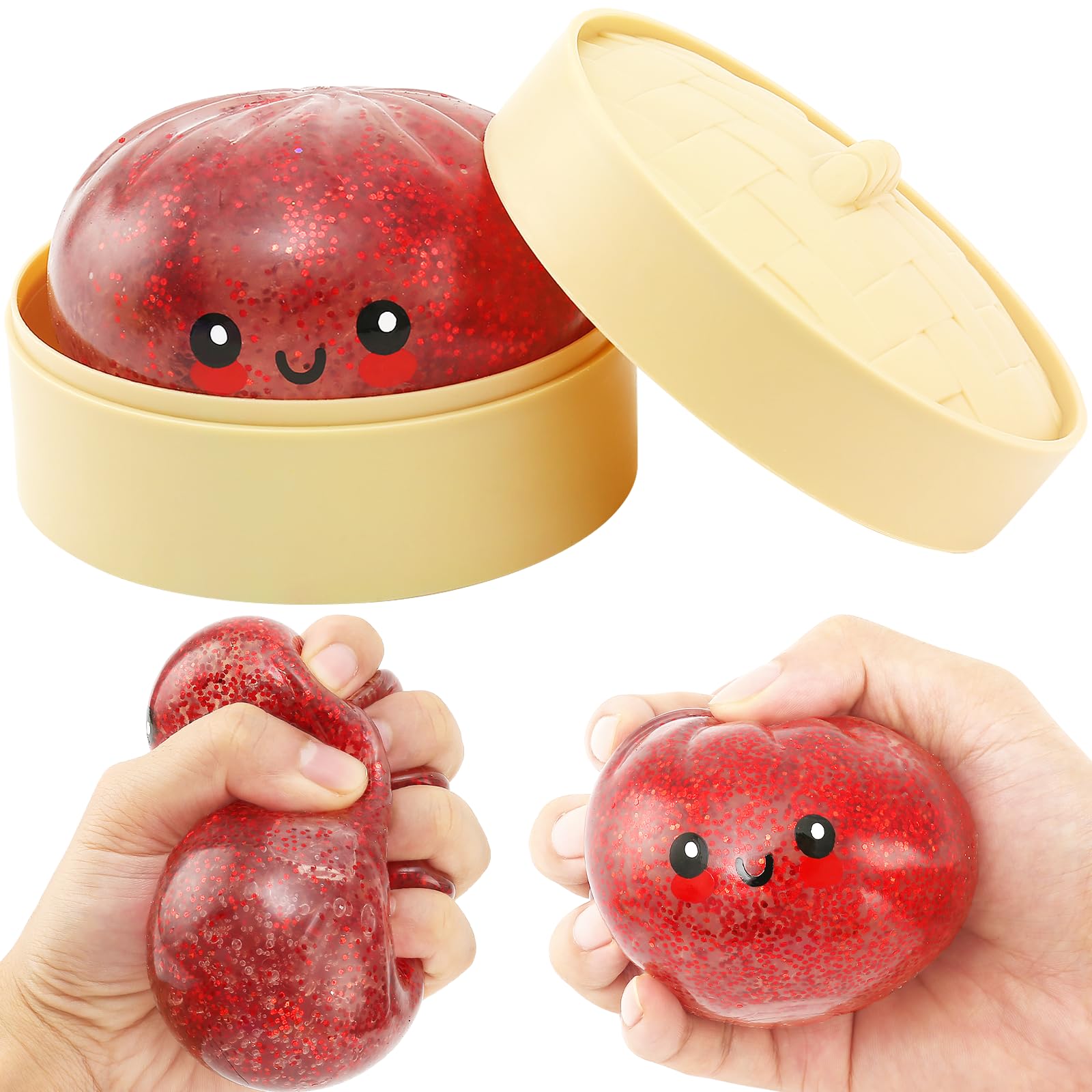 RZCOMP Dumpling Squishy Glitter Dumpling Squishy Toys with Plastic Steamer Box,Big Dumpling Squishy Stress Relief Fidget Novelty Squeeze Toys Gift for Adults & kids (Red) — image 1