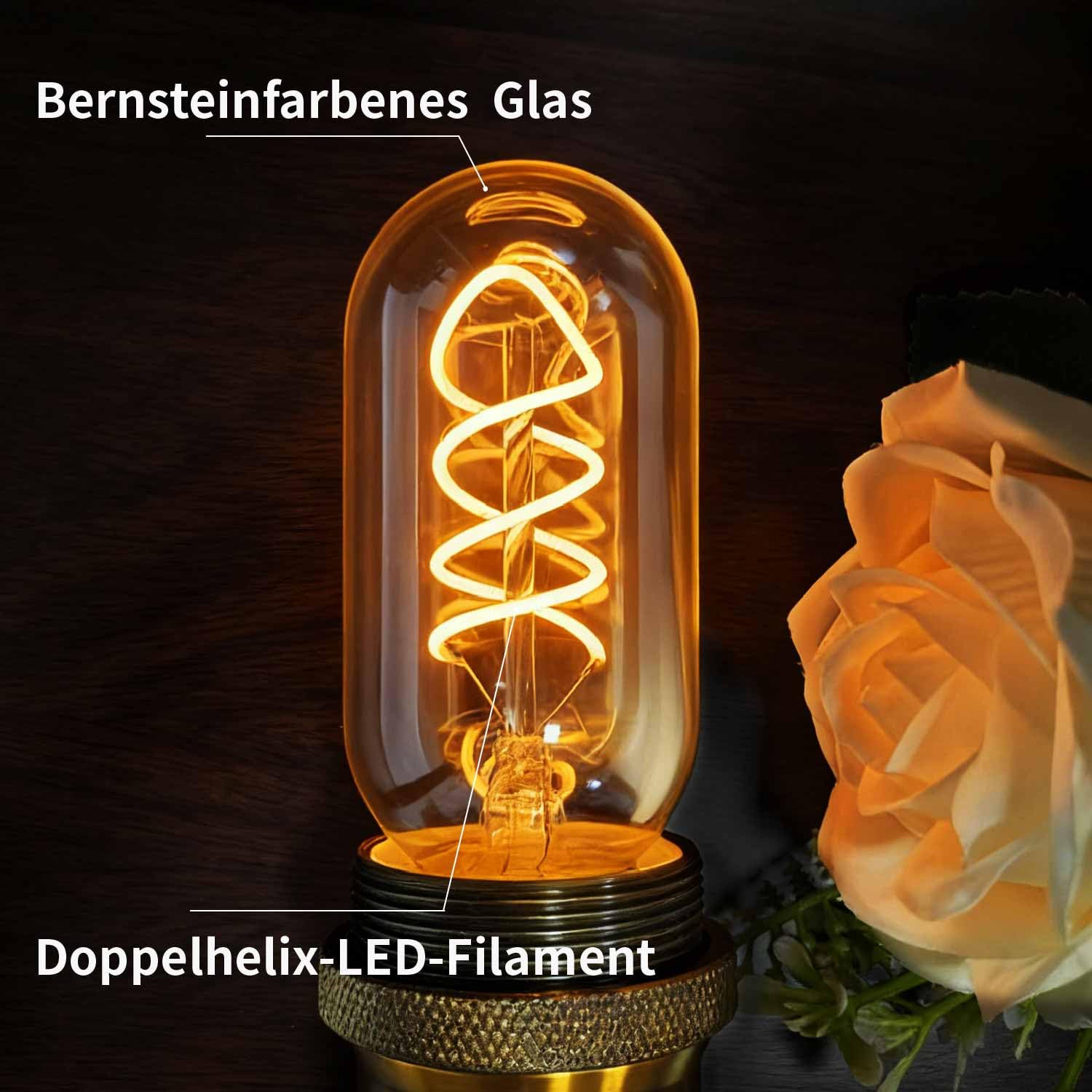 Edison Vintage Glühbirne E27,E27 LED Vintage 4W T45 2700K Warmweiss Retro Glühbirne LED Filament Lampe für Retro Beleuchtung im Wohnzimmer/Schlafzimmer/Esszimmer - Bernstein, 6 Stück