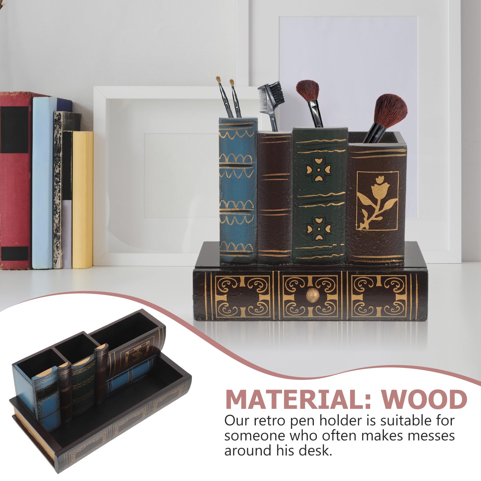 PRETYZOOM Portapenne da Scrivania in Legno Stile Retrò Scomparto a Cassetto, Organizer Porta Cancelleria Multifunzione per Ufficio, Scuola e Casa, Decorazione Creativa a Forma di Libro