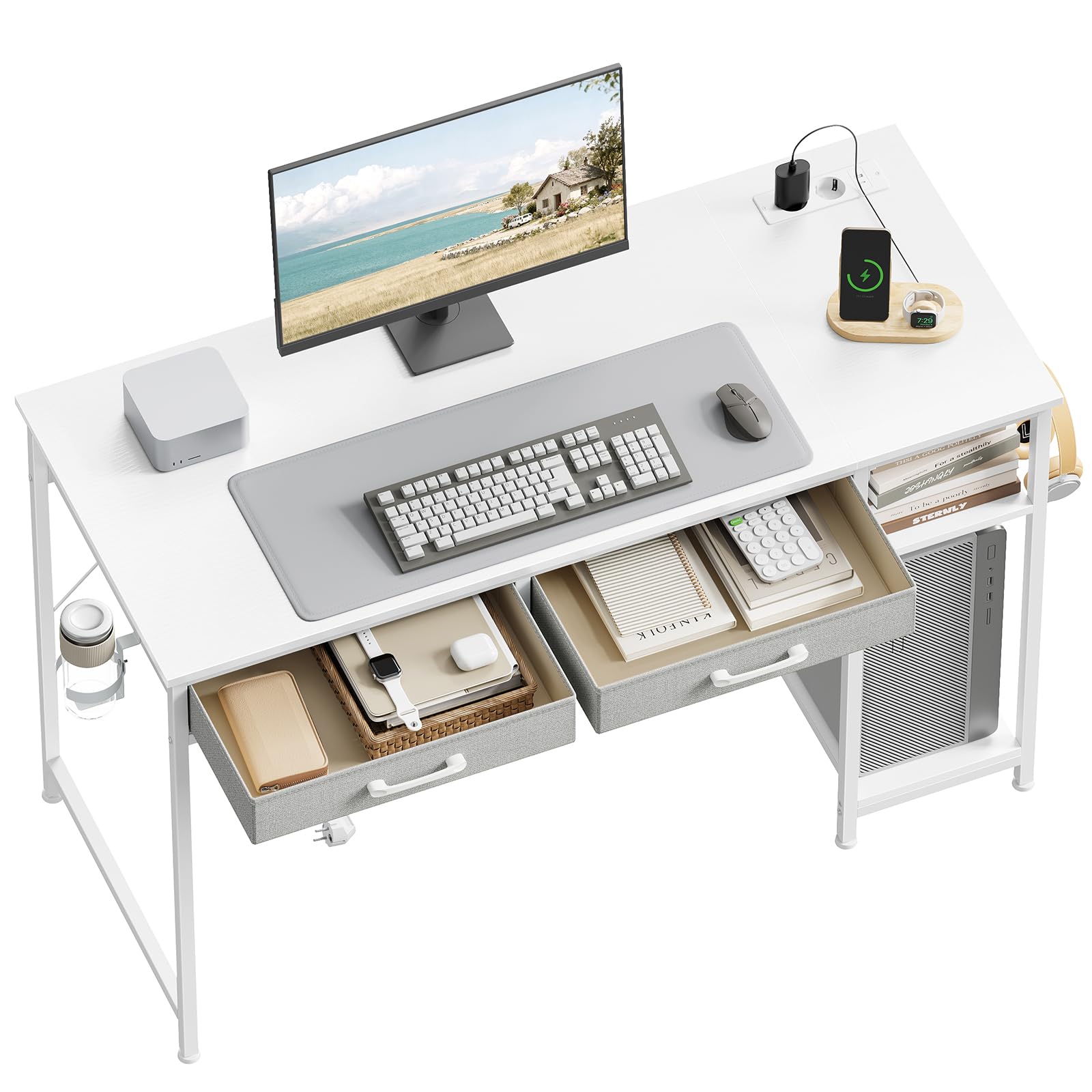 WOLTU Mesa Escritorio con 2 Cajones y 2 Estanterías, Puerto USB Tipo C y Estación de Carga, Portavasos y Gancho, para Estudio y Oficina, 120x51x75 cm, Blanco