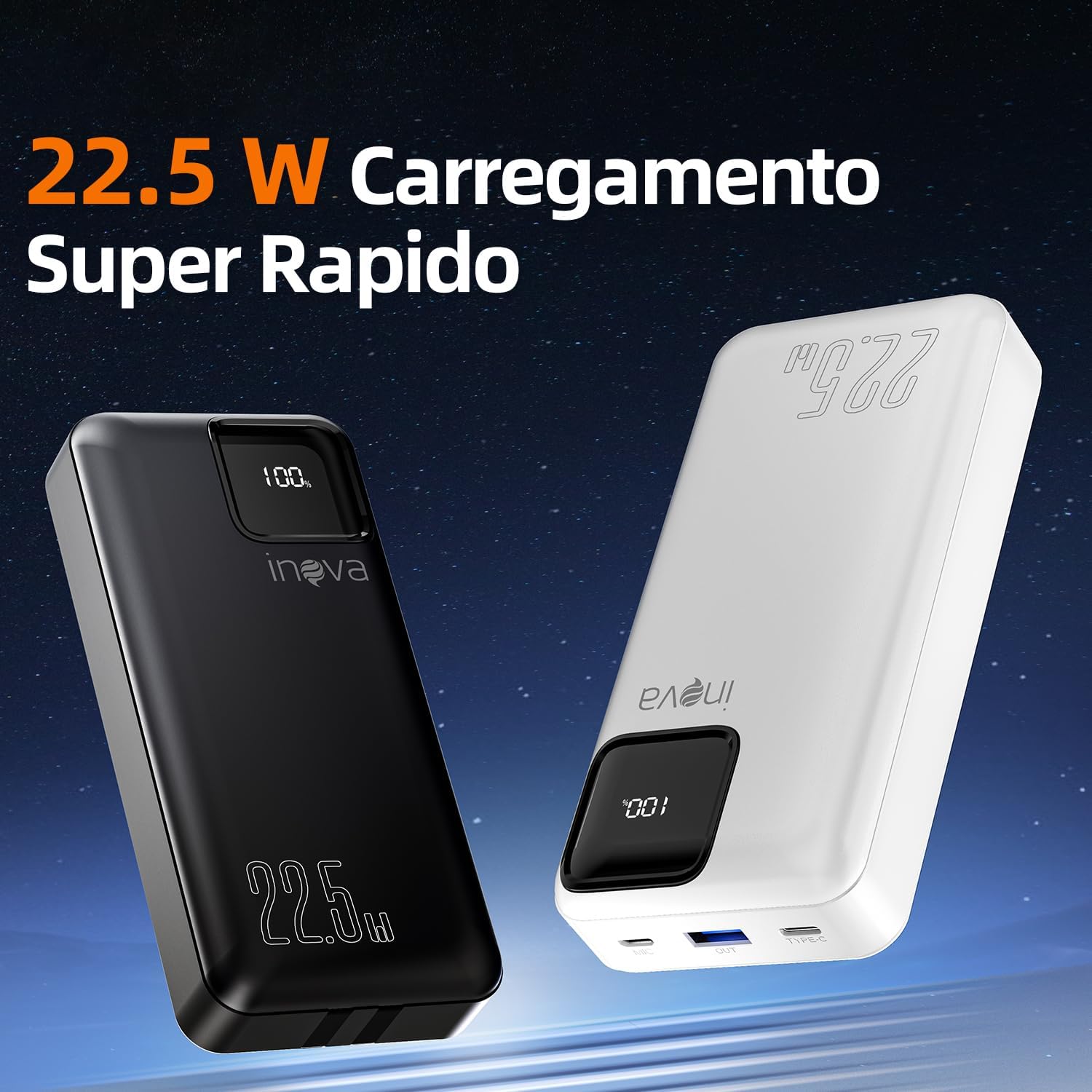 Power Bank com cabo integrado, Carregador Portátil de 20000mAh com Carga Rápida, Múltiplas Portas, Design Leve e Proteção Inteligente para Dispositivos iOS e Android/USB/Type-C/Branco(MD-12412)