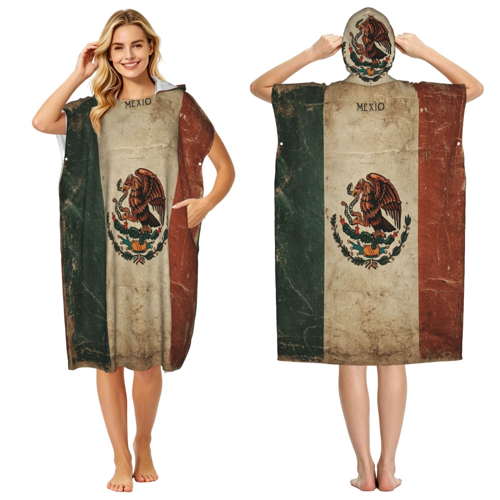 DTHKJNLSF The Old Mexican Flag Adult Hooded Beach Poncho Towel