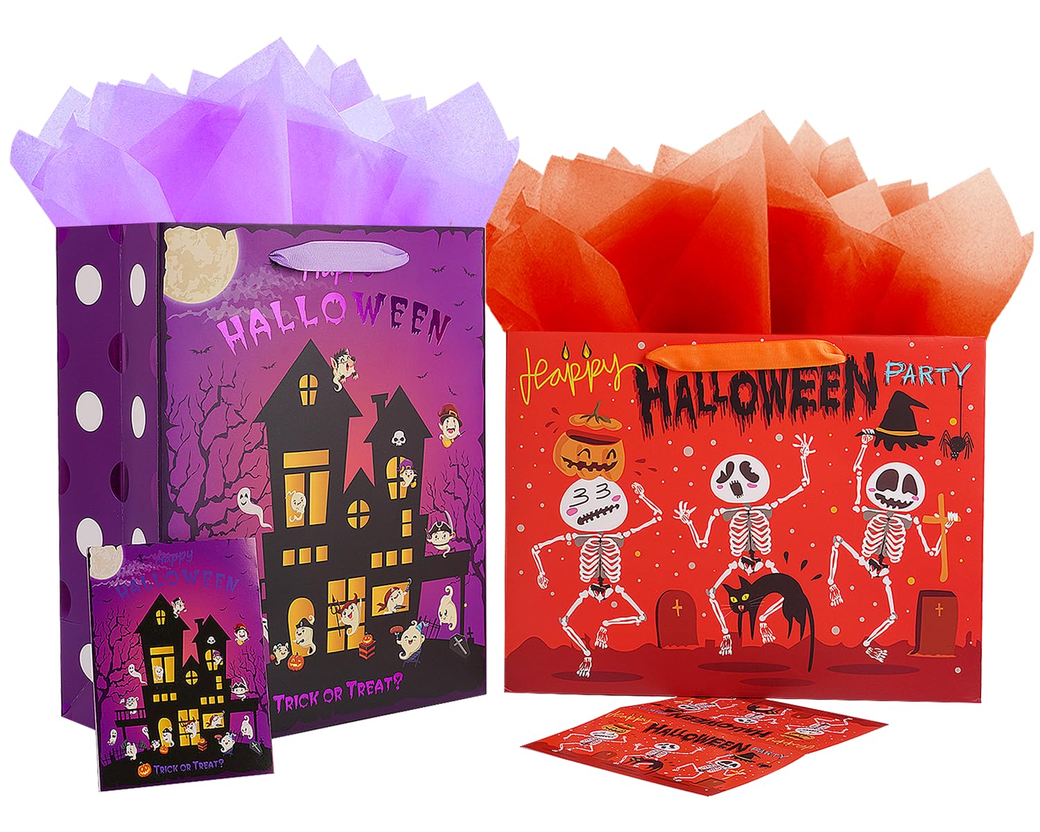 Jaywayang 2Pcs 12.6" Large Happy Halloween Paper Gift Bags with Card and Tissue Paper for Kids Halloween Presents Warpping, Holiday, Trick or Treat