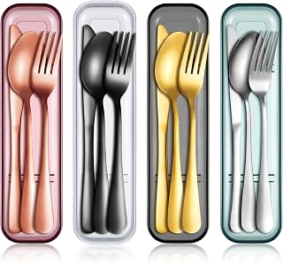 Yinkin 4 Pack Portable Travel Utensils Set with Case Reusable Stainless Steel Silverware Flatware Camping Cutlery Include Fork Spoon Knife for Work School Dishwasher Safe(Clear Series)