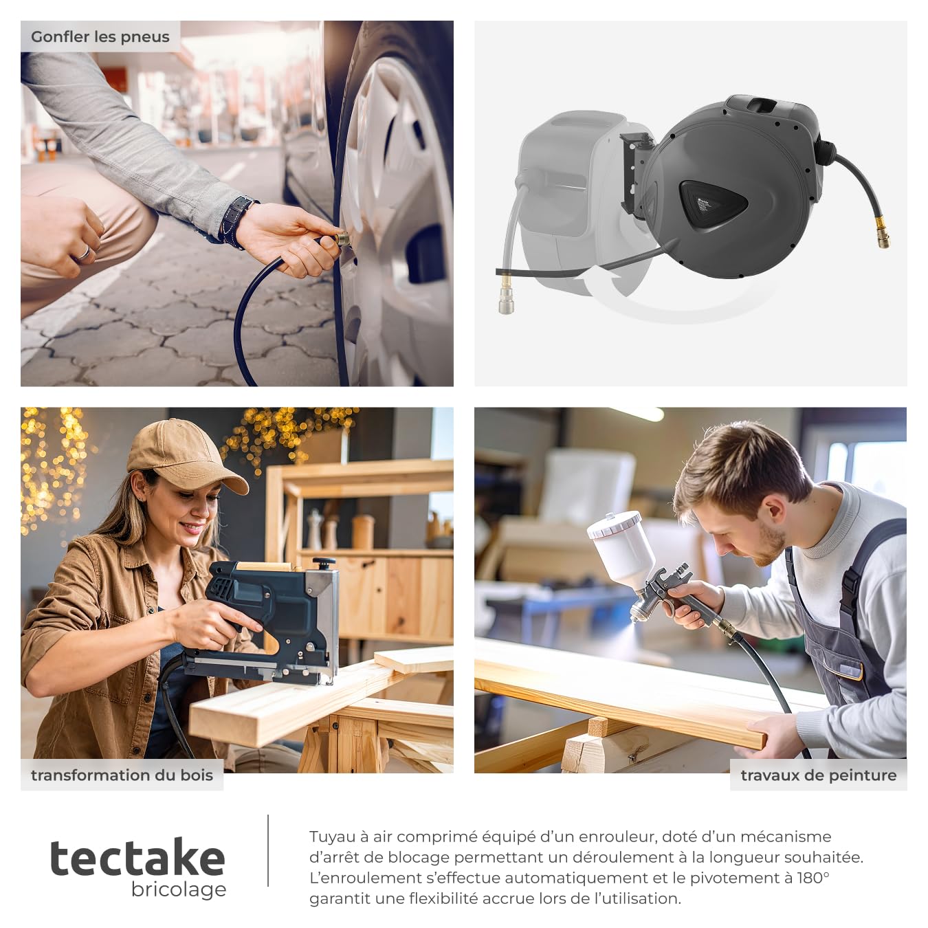 tectake® Enrouleur pneumatique avec tuyau air comprimé 20 m, raccord rapide 1/4, Support mural rotatif à 180° et amovible, 8-12 bars, Dévidoir automatique Enrouleur tuyau air comprimé Atelier Garage