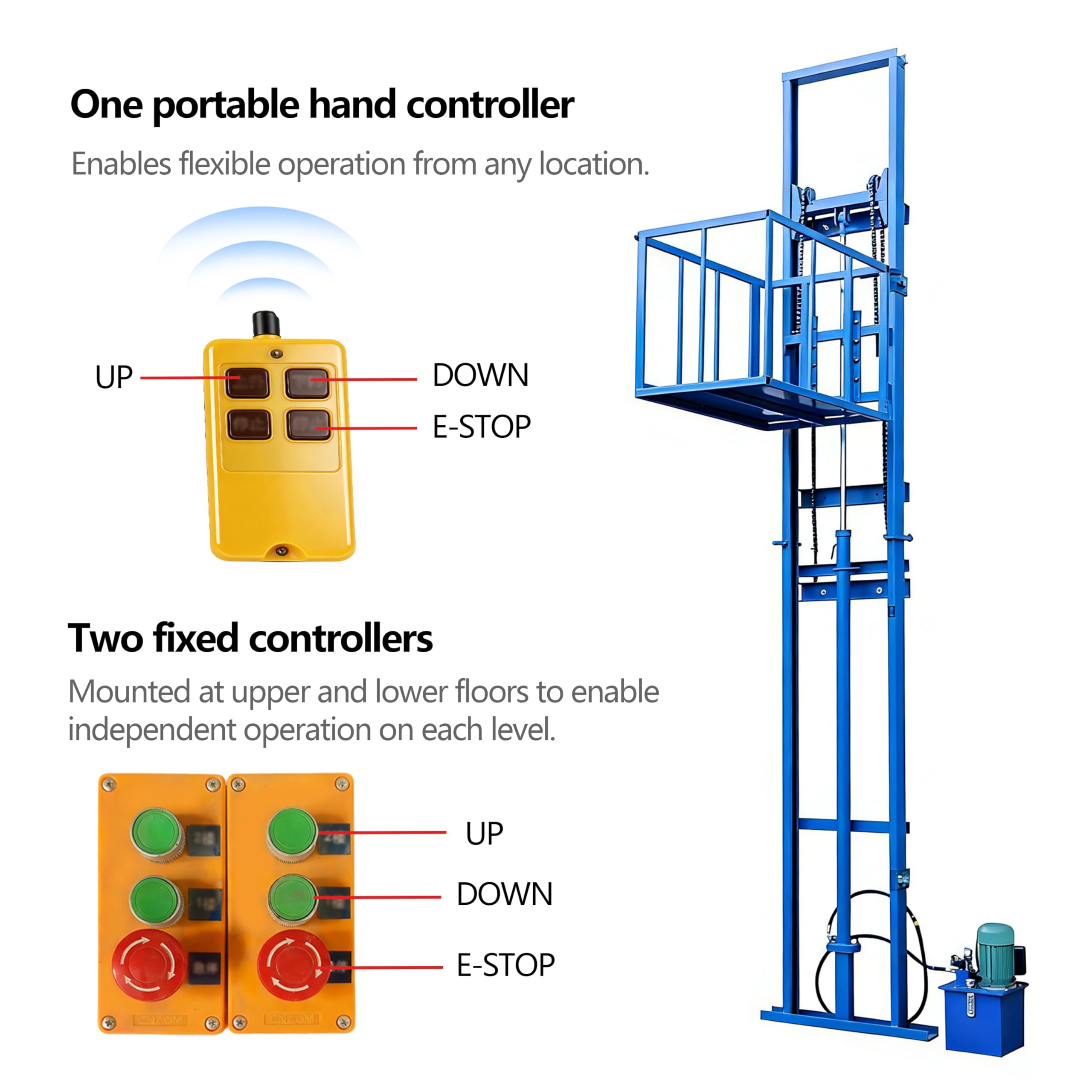 Plataforma elevadora hidráulica eléctrica 1t/2200lb, altura 2–10m, de pared con barandillas, montacargas para hogar, almacén, fábrica(Black,9.8FT/3M Height)