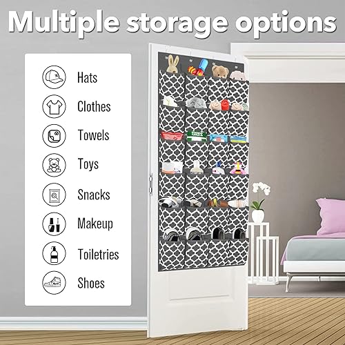 Miniatura 5 de homyfort Organizador de zapatos para puerta con 24 bolsillos de tela extra grandes y 4 ganchos resistentes, organizadores de puerta colgantes con 5