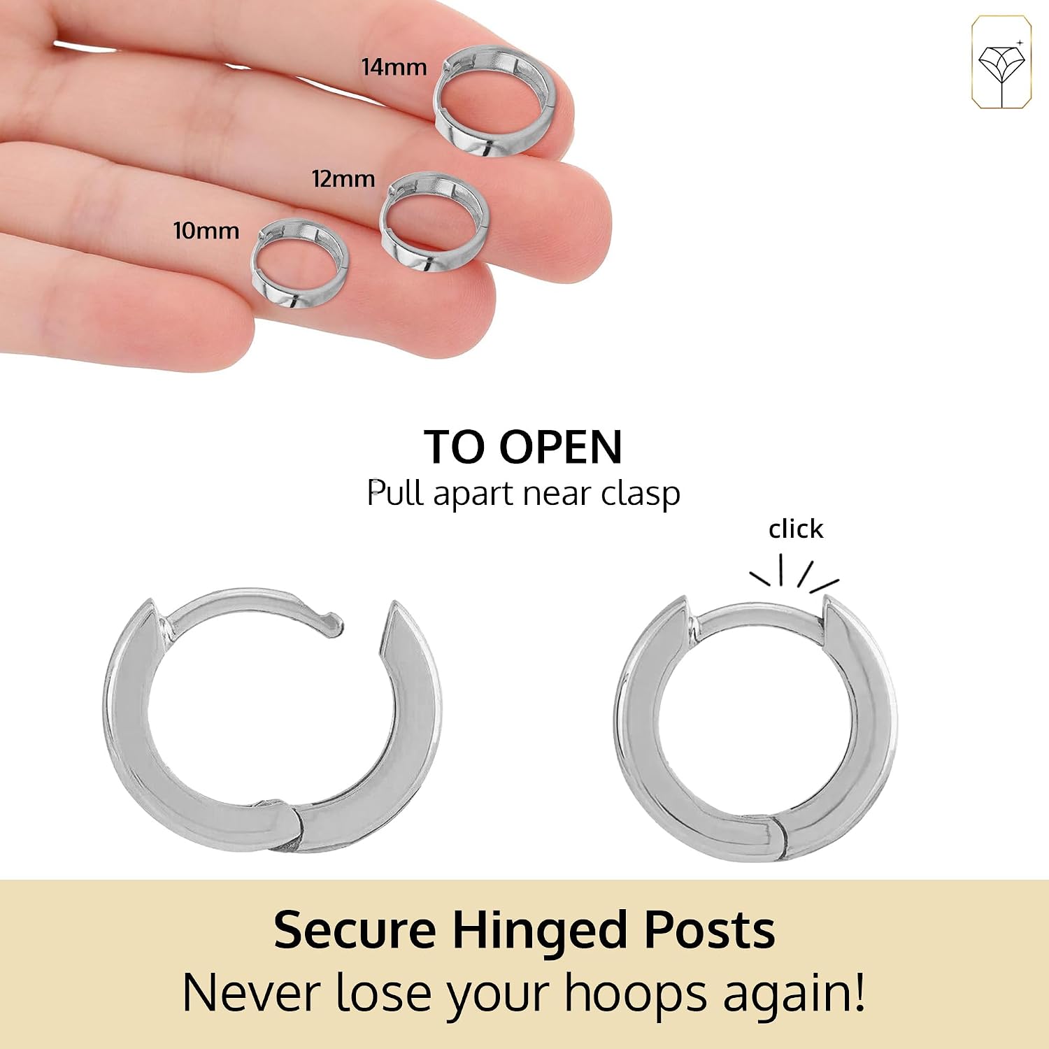 14K Solid White Gold Huggie Earrings for Women | Hypoallergenic Domed or Flat Style Small Hoop Earrings in Sizes 10mm, 12mm & 14mm | Small Gold Hoops for Men & Women by MAX + STONE