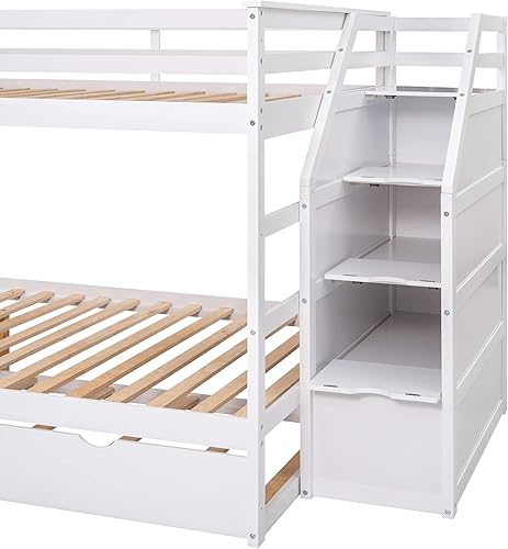 Miniatura 79 de Harper & Bright Designs Litera individual sobre cama individual con nido, marco de cama de madera para niños con escaleras y barandilla de gran