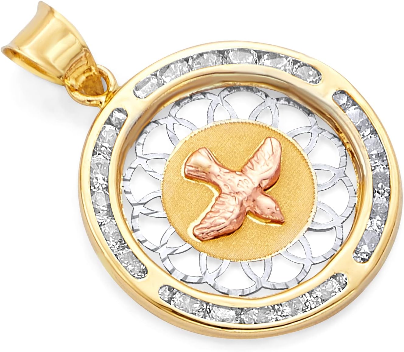14k REAL Tri color Gold Holy Spirit Dove CZ Charm Pendant