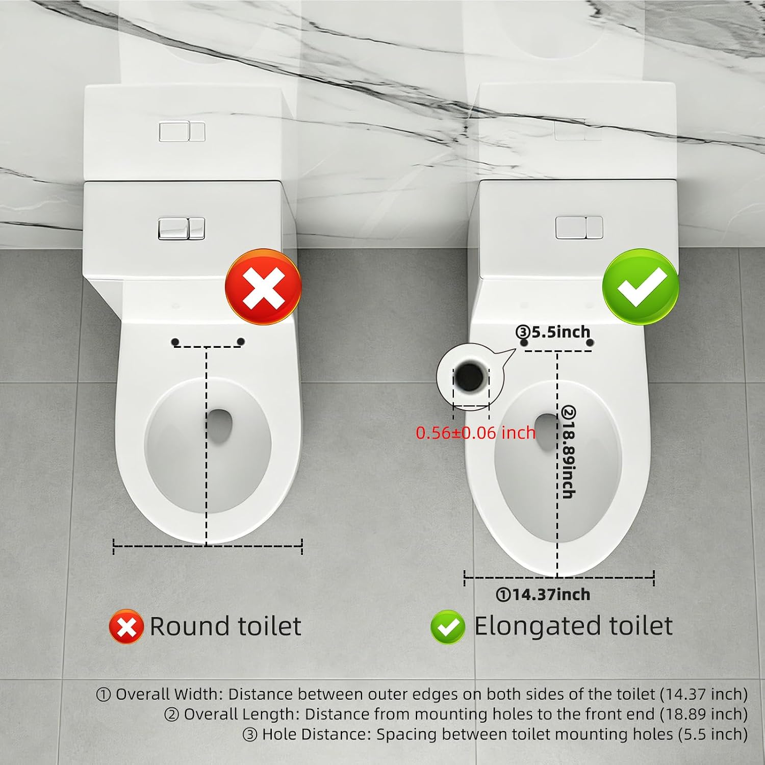 White elongated toilet seat, with soft-close hinges, non-slip pads, made of plastic, durable and easy to clean, easy to install, suitable for bathrooms and rental housing toilets. (18.89x14.76)
