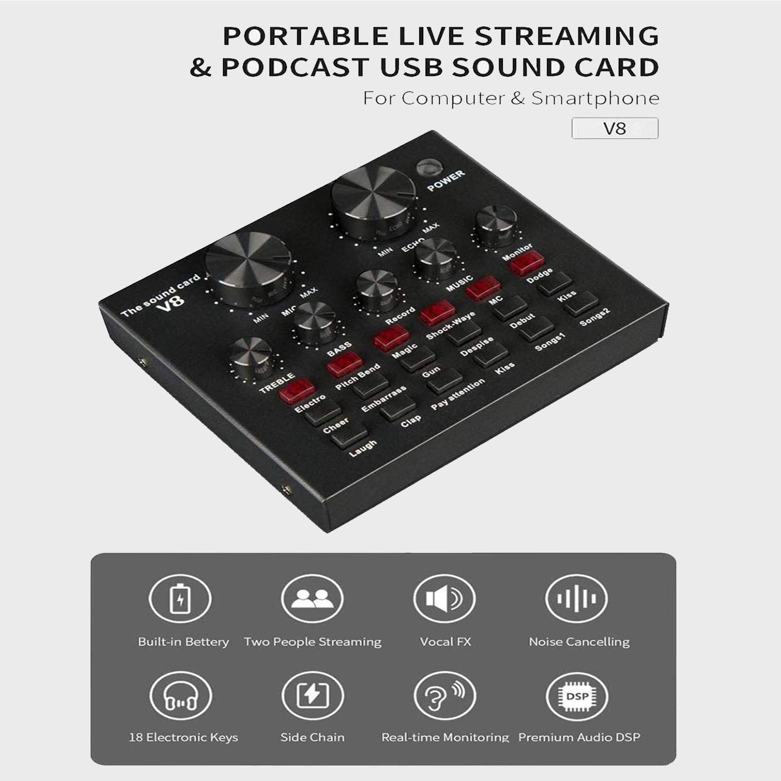 Carte Son, Carte Son multifonctionnelle en Direct, Ensemble de Microphones pour Carte Son, Ensemble de Microphones en métal pour Diffusion, Support réglable, 12 Effets sonores de Fond