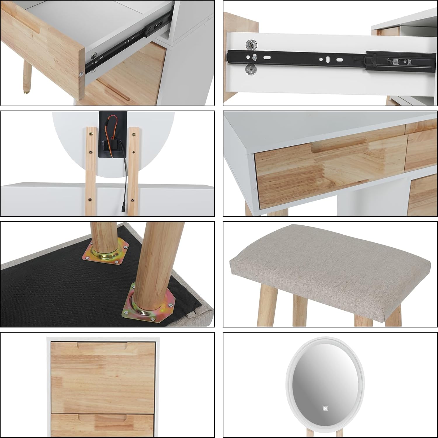 YU YUSING Toeletta con Luci LED, Tavolo da Trucco con Specchio e Sgabello, 4 cassetti e Comodino Rimovibile, Postazione da Trucco, Comodino Camera da Letto, Consolle da Trucco