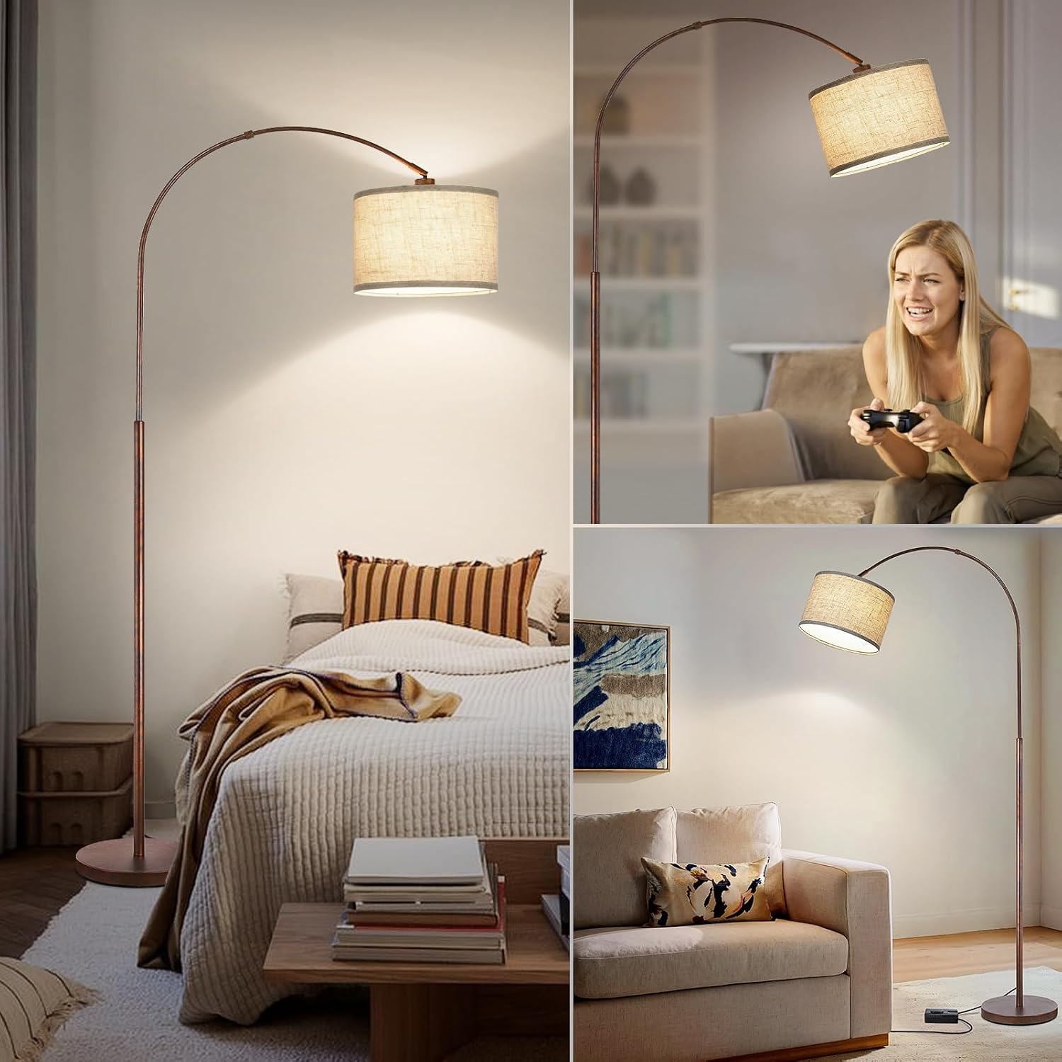 Dimmable Arc Floor Lamps for Living Room, Mid Century Floor Lamp, Antique Bronze Standing Lamp with Adjustable Hanging Shade, Tall Pole Lamp Reading Light for Bedroom, Over Couch, 9W LED Bulb Included