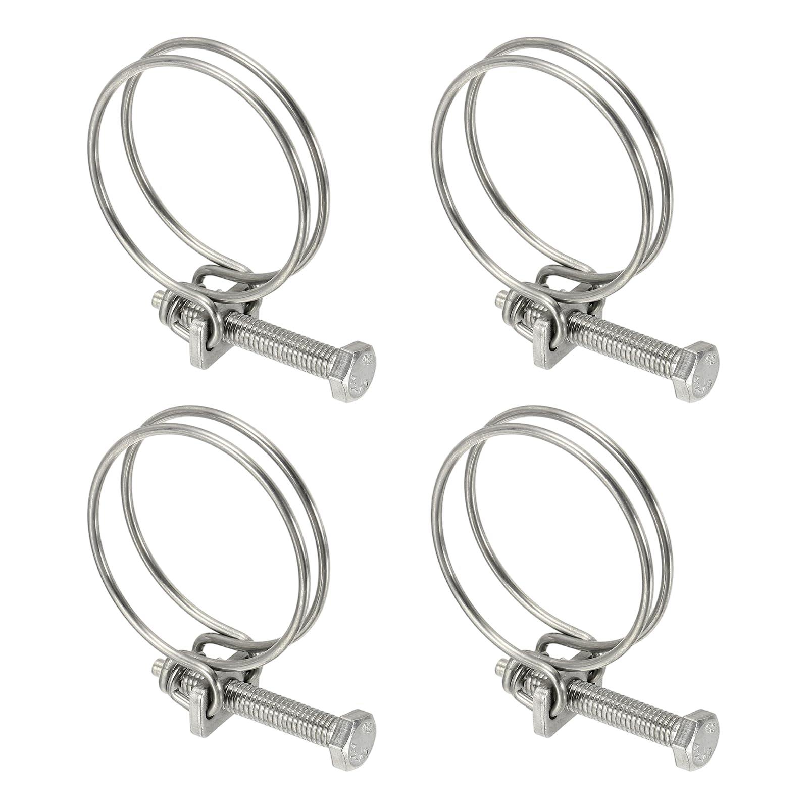 sourcing map 4 Pcs Double Wire Hose Clips 40-45 mm 304 Stainless Steel Adjustable Wire Pipe Tube Clamps with M6 Screw Plumbing Joint Fastener for Dust Collection Pool Pond, Silver