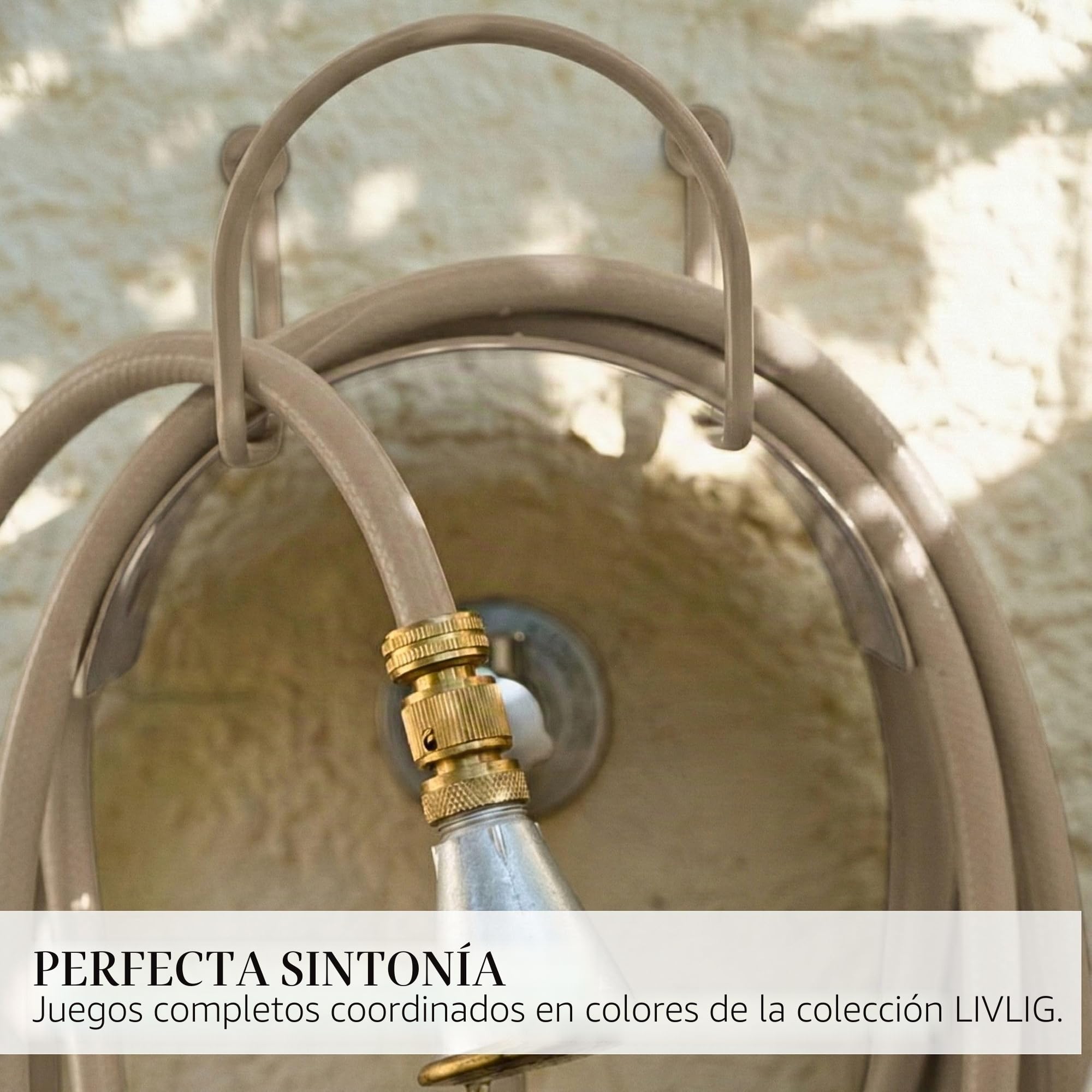 Soporte para manguera de jardín fabricado en Italia, de acero pulverizado, apto para manguera de hasta 25 m, soporte de pared con tornillos y tacos, arena