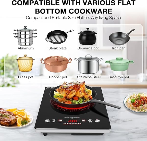 VBGK Electric Ceramic Hob with Plug-in, Single Electric Hob, Single Cooking Zone with LCD Touch Screen, 4-Hour Timer, 9 Power Levels Up to 2000W, Safety Lock, 220-240V - 5