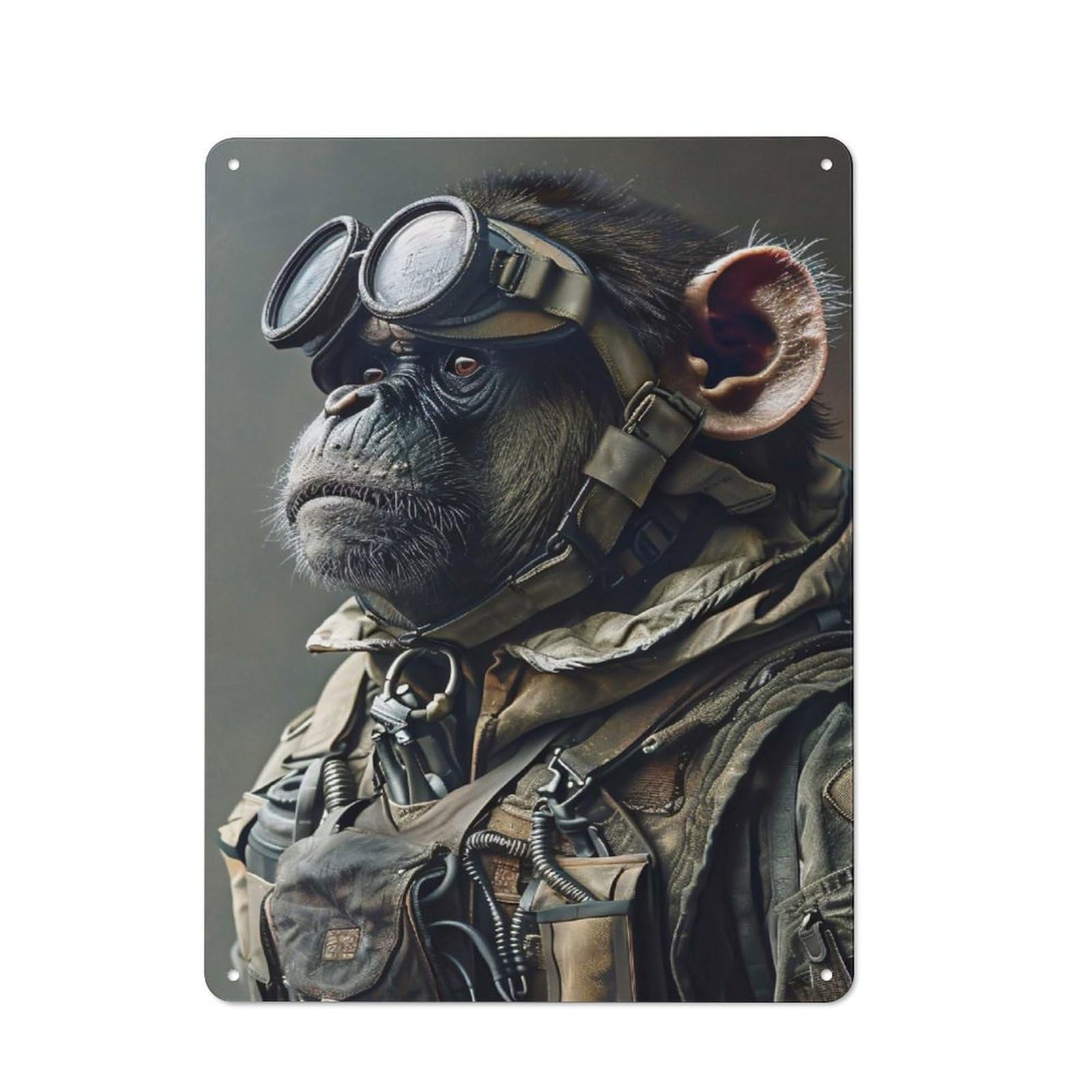 Junmoney Style-13 Chimpanzee In Military Gear With Goggles Tin Wall Plaque 40X30cm, Barn Style Rustic Kitchen Decor For Farmhouse Kitchen, Pantry Or Dining Area