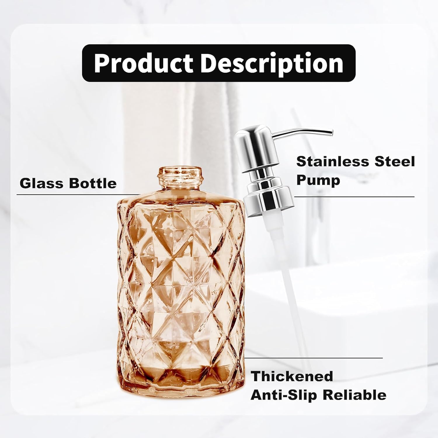 2 Pack 12 Oz Glass Soap Dispenser with Stainless Steel Pump, Refillable Liquid Hand Soap Dispenser for Bathroom, Vanity Countertop, for Kitchen, Laundry Room, Home Decor Accessories (Multicolour) 2