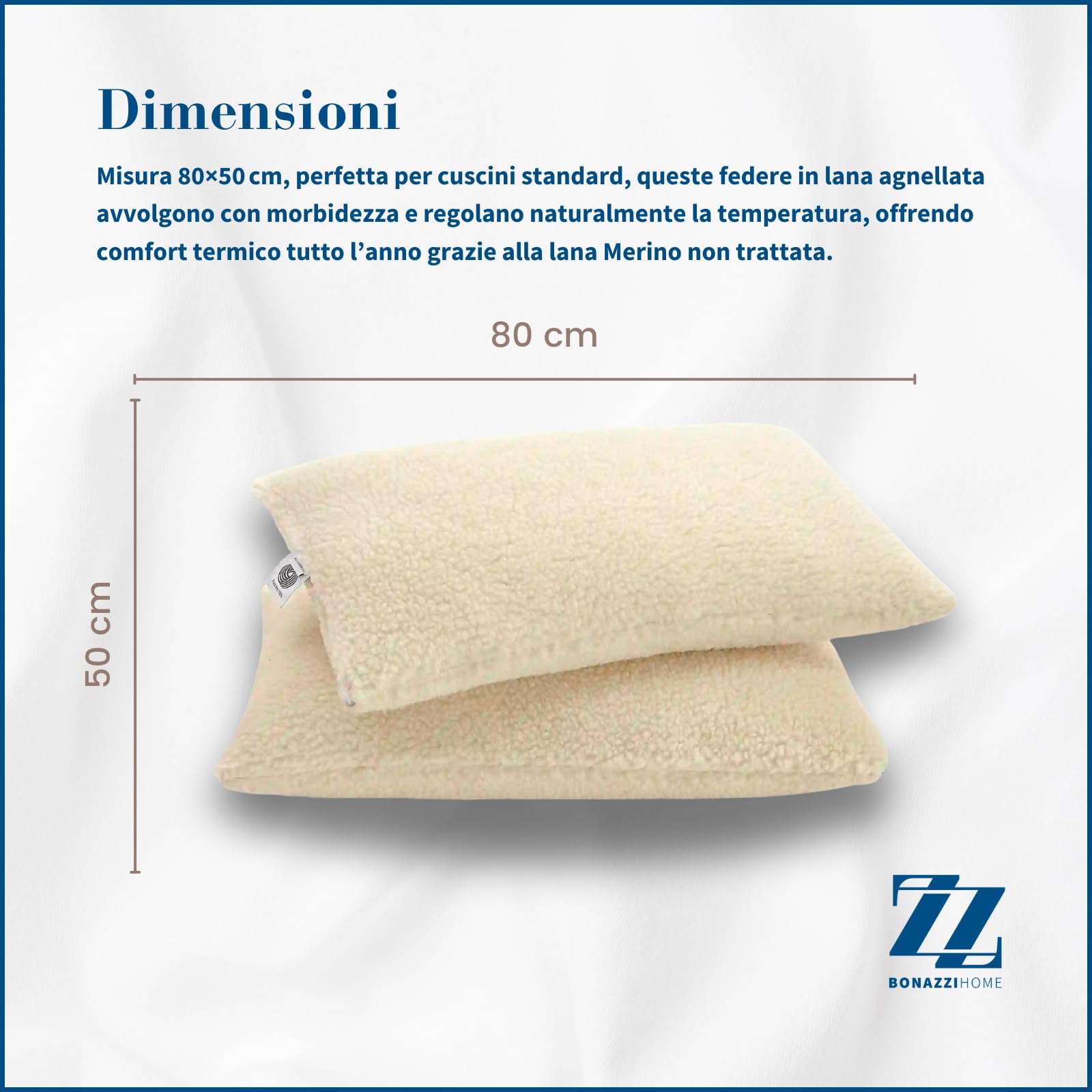 due federe per cuscino 100% lana vergine Merino agnellata, MADE IN ITALY (80x50cm)
