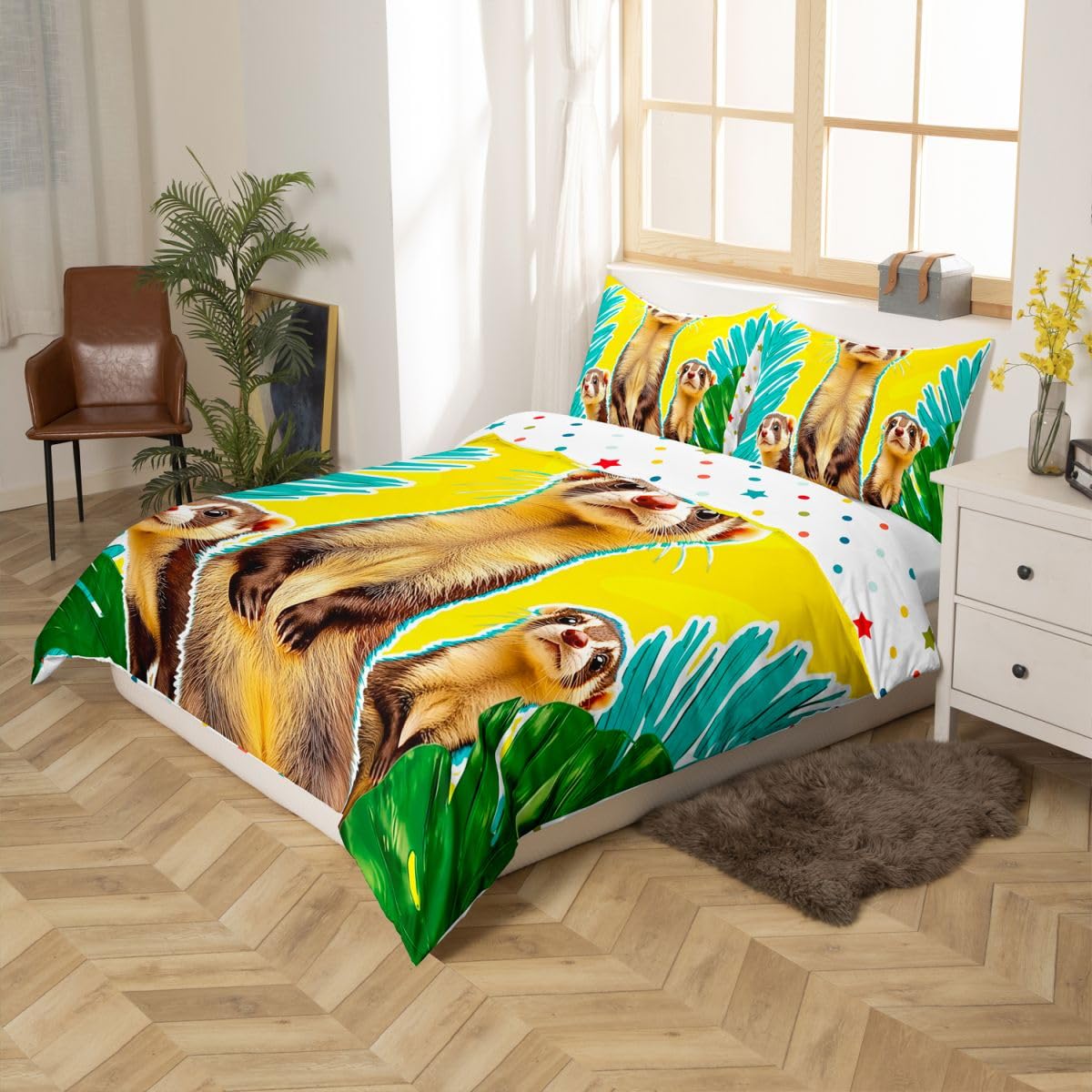 Homewish Śmieszne fretki zestaw poszewek na kołdrę w rozmiarze king size dla dzieci nastolatków - uroczy nadruk zwierzęcy pościel z 2 poszewkami na poduszki - nadruk dzikiej przyrody fretki poszewka