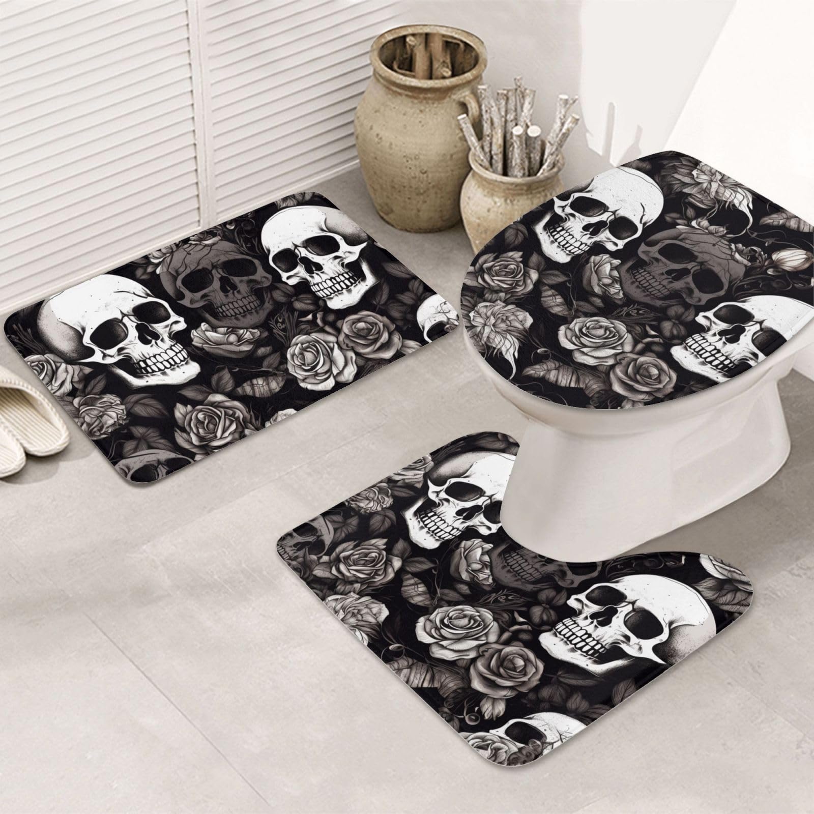 Tapis de bain absorbant et antidérapant ensemble 3 pièces flanelle motif crâne