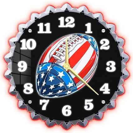 Football Wall Clock, 12 Inch Sports wall Clock, Vintage Beer Bottle Cap Design, Stunning 3 D Glow