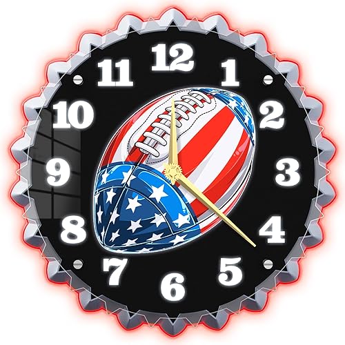 Reloj de pared de neón, 12 pulgadas, diseño vintage de tapa de botella de cerveza con gráficos de bandera estadounidense y fútbol, impresionante