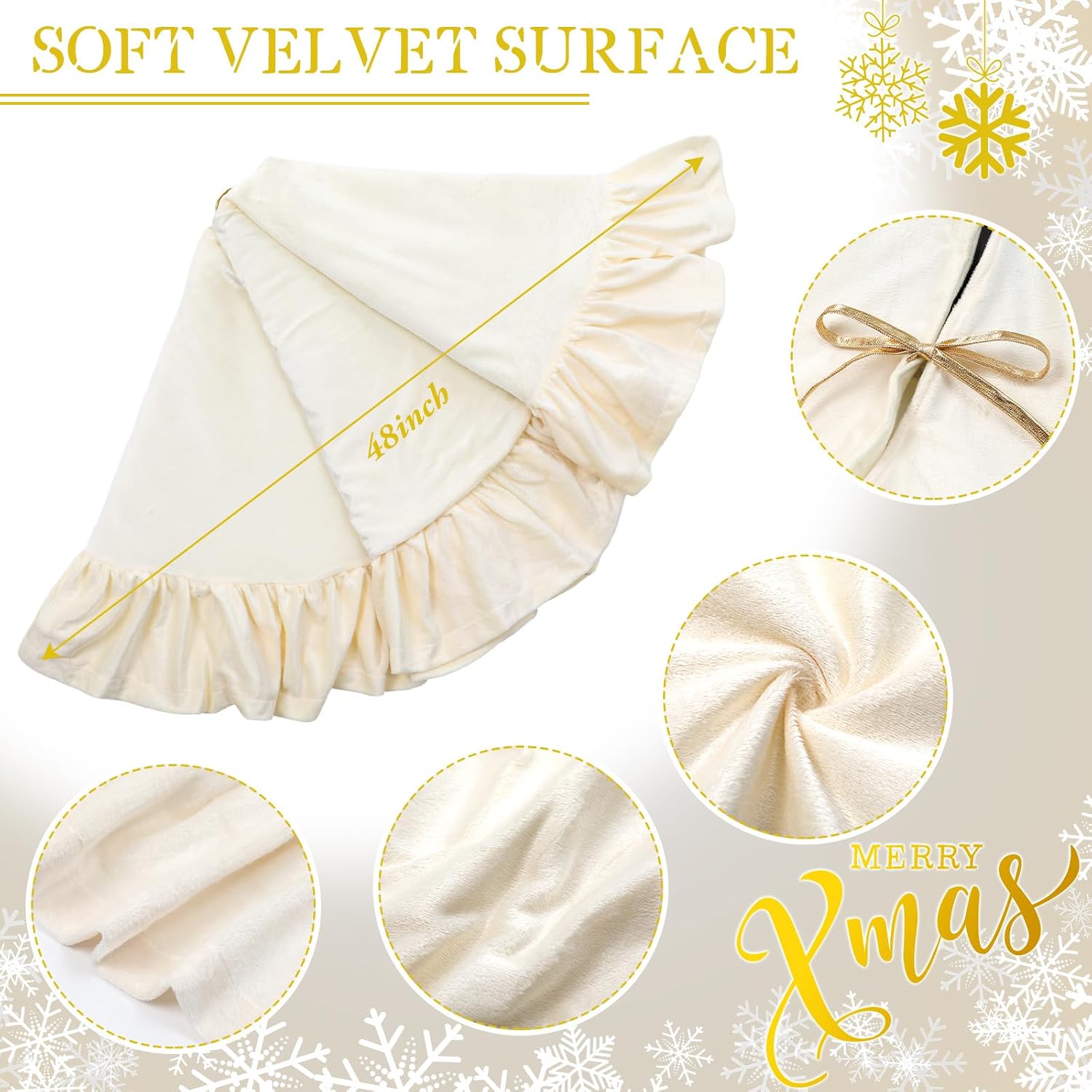 Velvet Christmas Tree Skirt, 48 Inches, Bow Style, Ivory White | Ruffled Edge Design, Luxury Plush Velvet Texture, Covers Tree Stand, Adds Vintage Elegance for Holiday Party Decorations