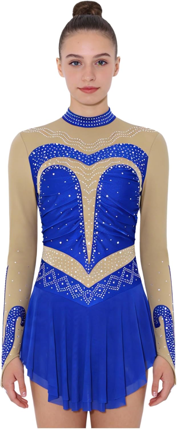 iiniim Figure Skating Dress for Women Rhinestones Color Blocking Gymnastic Leotard Dress Performance Costumes